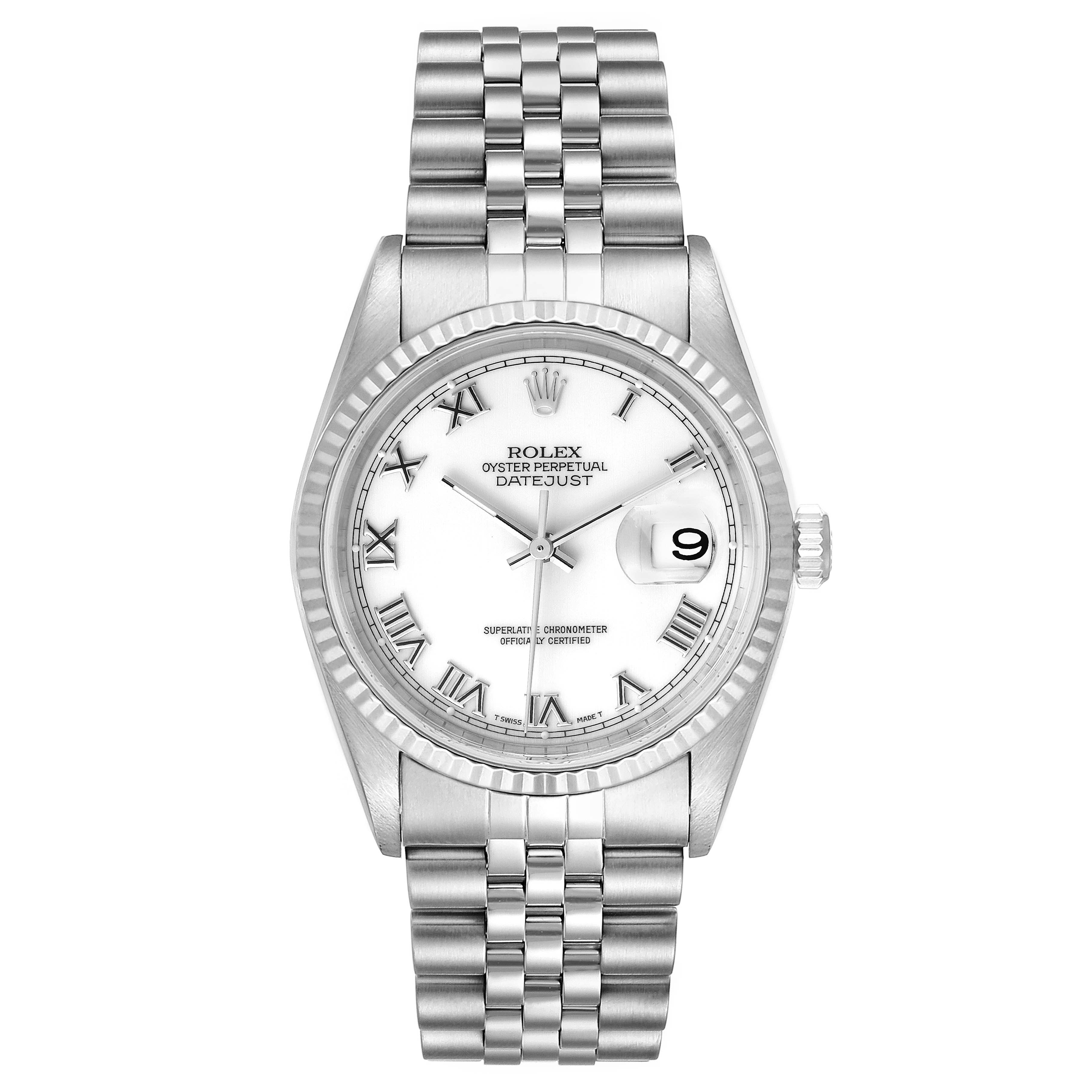 The Rolex Datejust 16234 Men's Stainless Steel White Dial 16234 Men's Stainless Steel White Dial watch is shown from the front, displaying its white dial, fluted bezel, and jubilee bracelet.