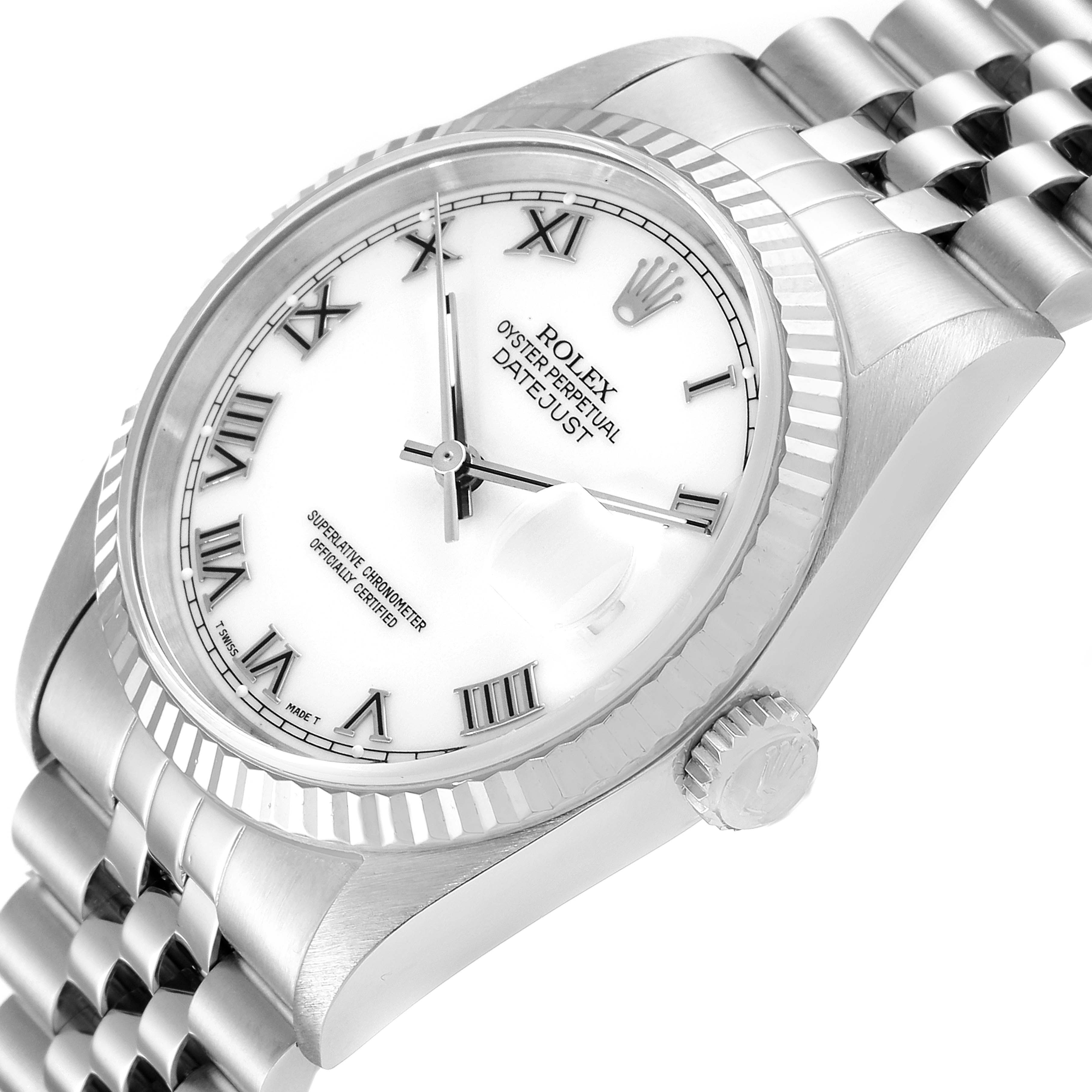 This image shows the Rolex Datejust 16234 Men's Stainless Steel White Dial 16234 Men's Stainless Steel White Dial watch at a slight angle, highlighting the face, bezel, and part of the bracelet.
