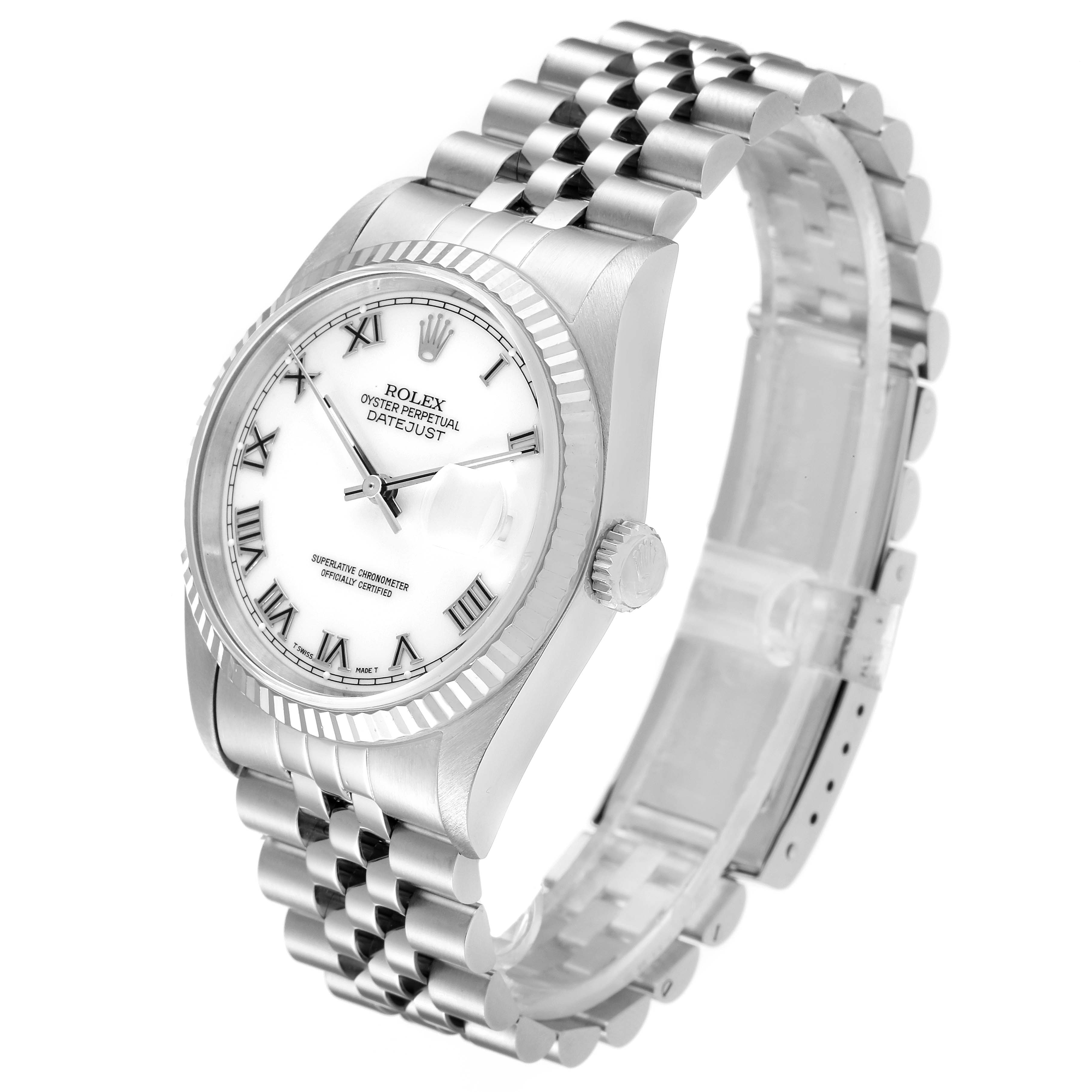 The Rolex Datejust 16234 Men's Stainless Steel White Dial 16234 Men's Stainless Steel White Dial watch is shown at a three-quarter angle, highlighting the fluted bezel, white dial, Roman numeral markers, and Jubilee bracelet.