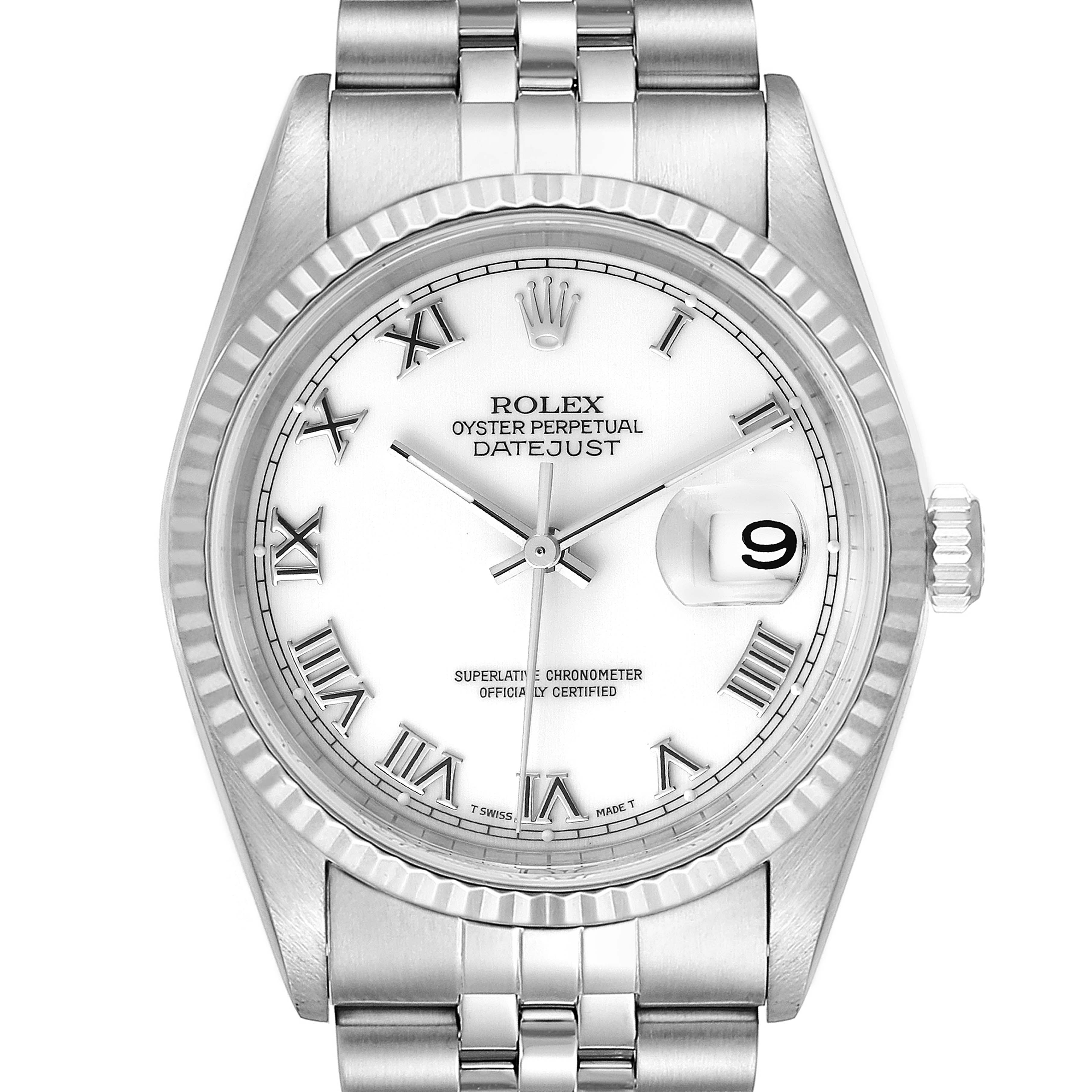 The Rolex Datejust 16234 Men's Stainless Steel White Dial 16234 Men's Stainless Steel White Dial watch is shown from a frontal angle, displaying the dial, bezel, hands, and part of the bracelet.