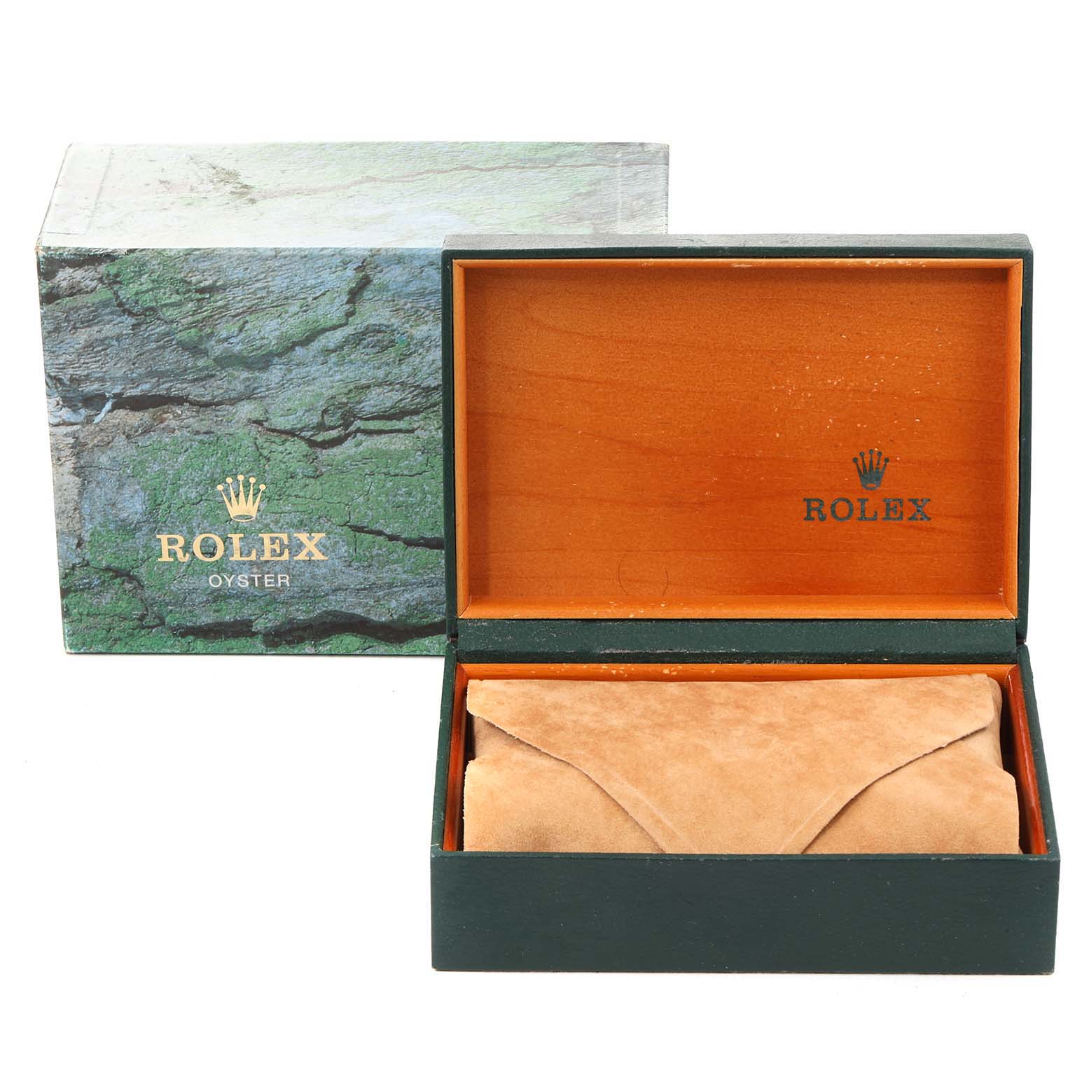 This image shows the opened green and wood Rolex Datejust 16234 Men's Stainless Steel White Dial 16234 Men's Stainless Steel White Dial watch box with a suede pouch inside.