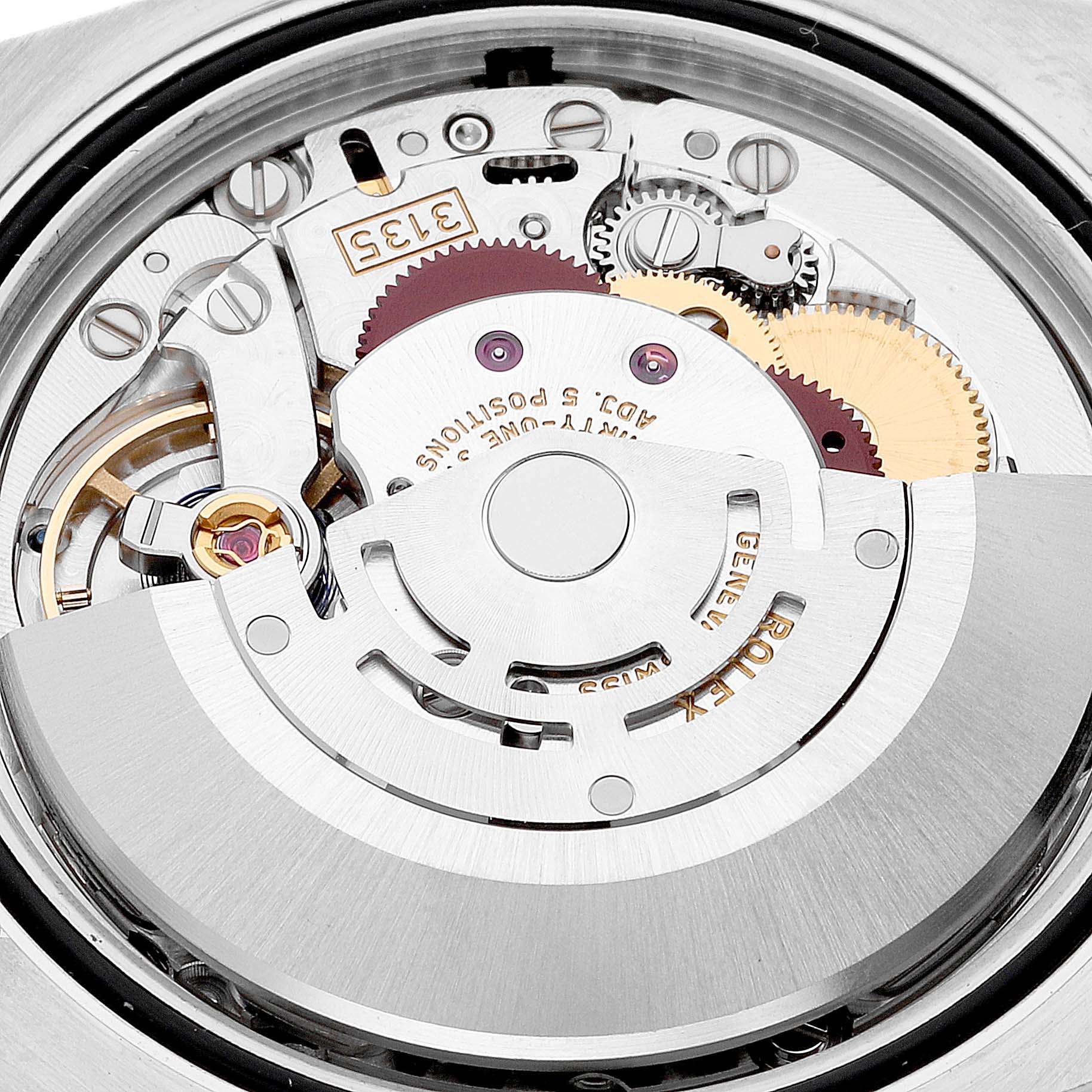 This image shows a close-up of the movement and internal mechanism of a Rolex Datejust 116234 Men's Stainless Steel White Dial 116234 Men's Stainless Steel White Dial watch.
