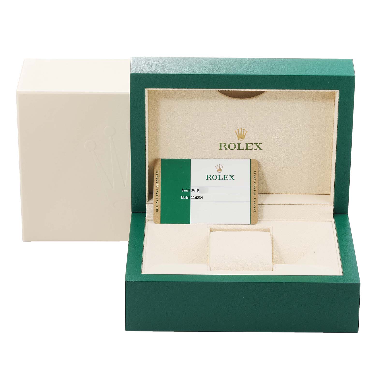 The image shows an open Rolex Datejust 116234 Men's Stainless Steel White Dial 116234 Men's Stainless Steel White Dial watch box with a warranty card placed inside.