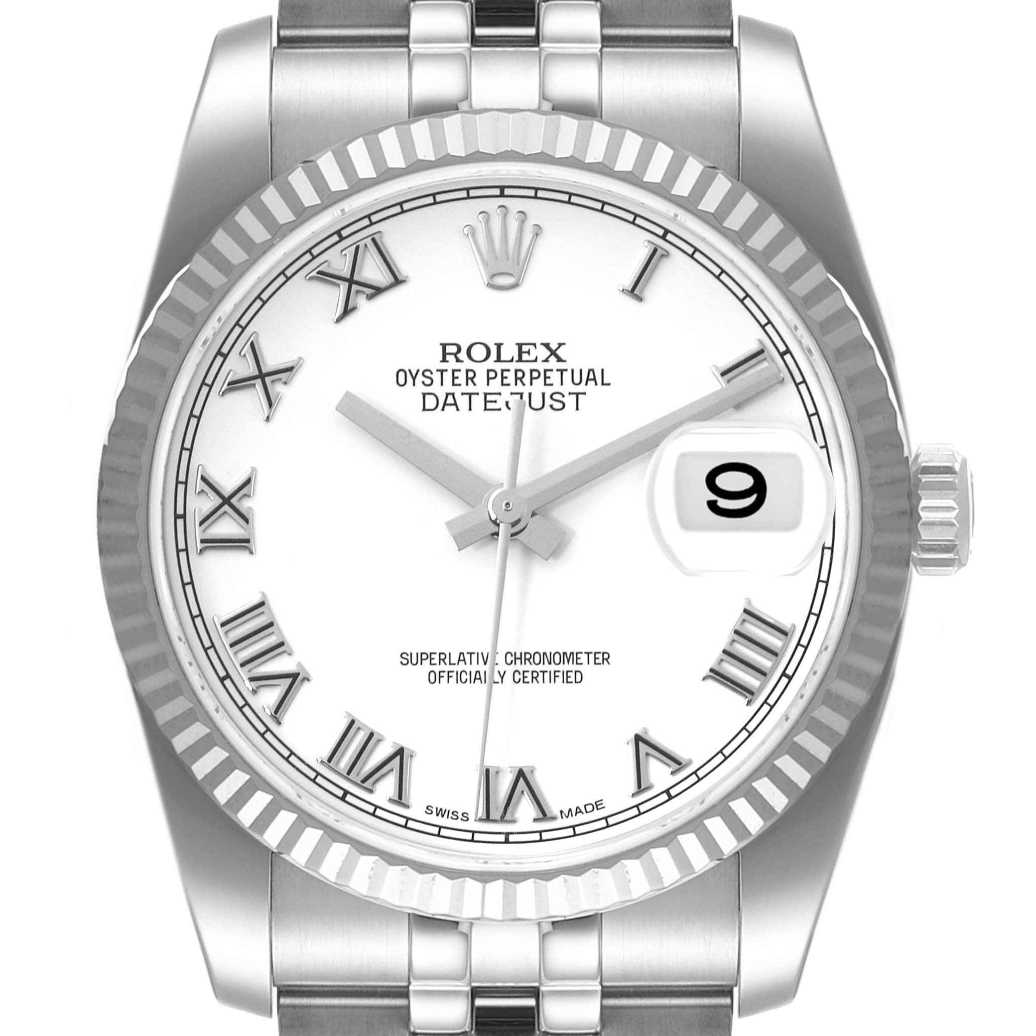 This image shows a front view of the Rolex Datejust 116234 Men's Stainless Steel White Dial 116234 Men's Stainless Steel White Dial watch, highlighting its white dial, Roman numerals, date window, and fluted bezel.
