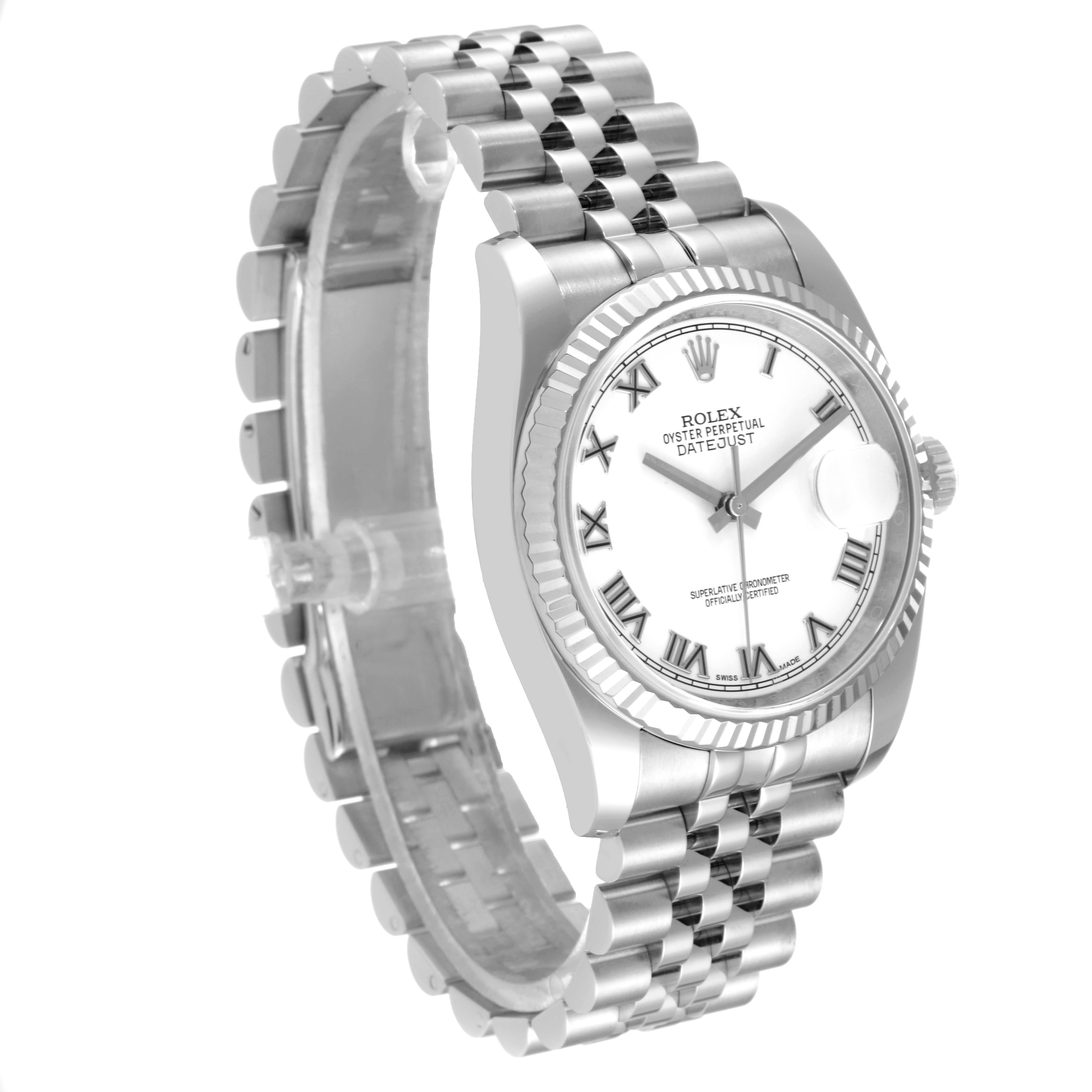 The image shows a Rolex Datejust 116234 Men's Stainless Steel White Dial 116234 Men's Stainless Steel White Dial watch from an angled side view, displaying the face, bezel, and bracelet.