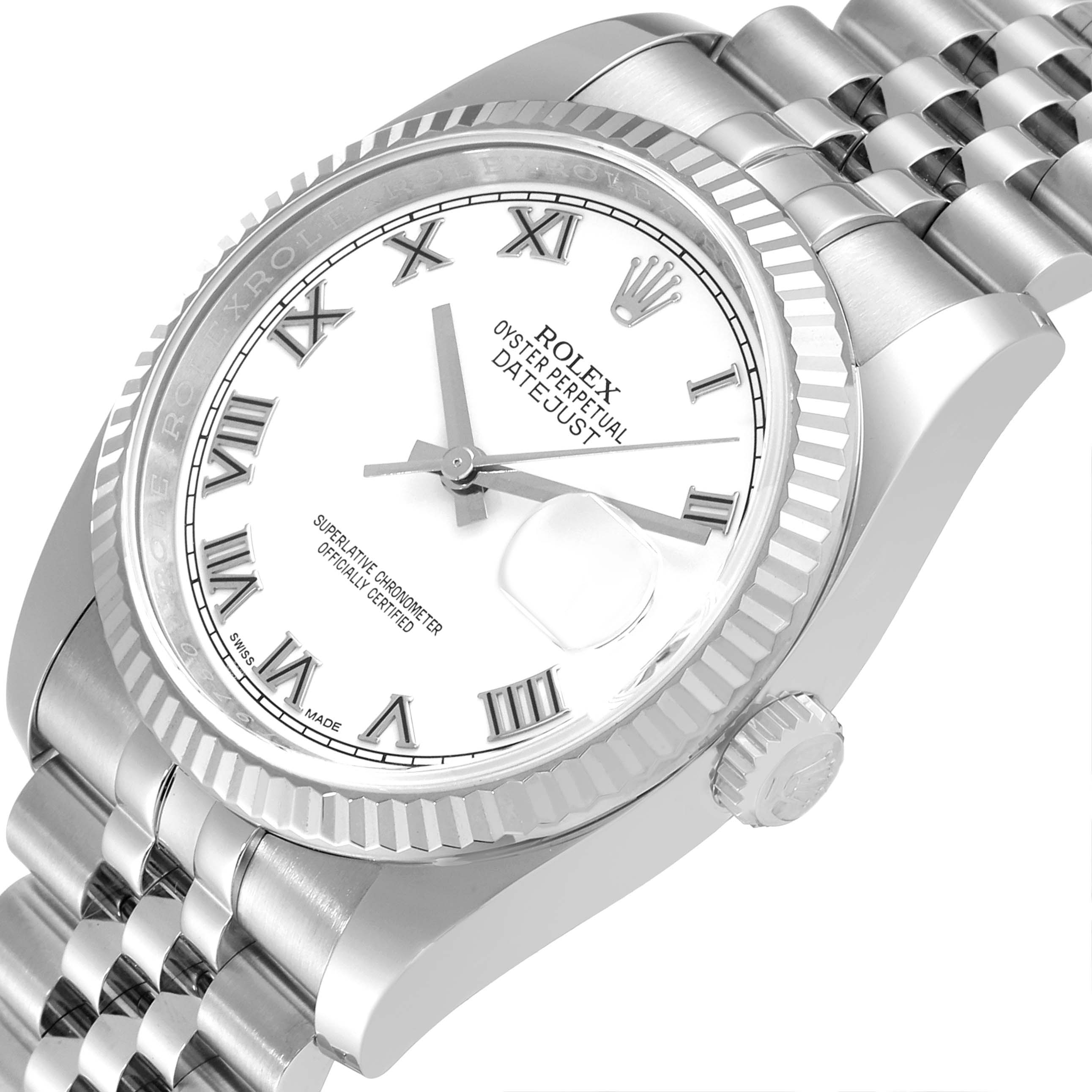 The image shows a Rolex Datejust 116234 Men's Stainless Steel White Dial 116234 Men's Stainless Steel White Dial watch at an angled view, displaying its face, fluted bezel, crown, and part of the bracelet.