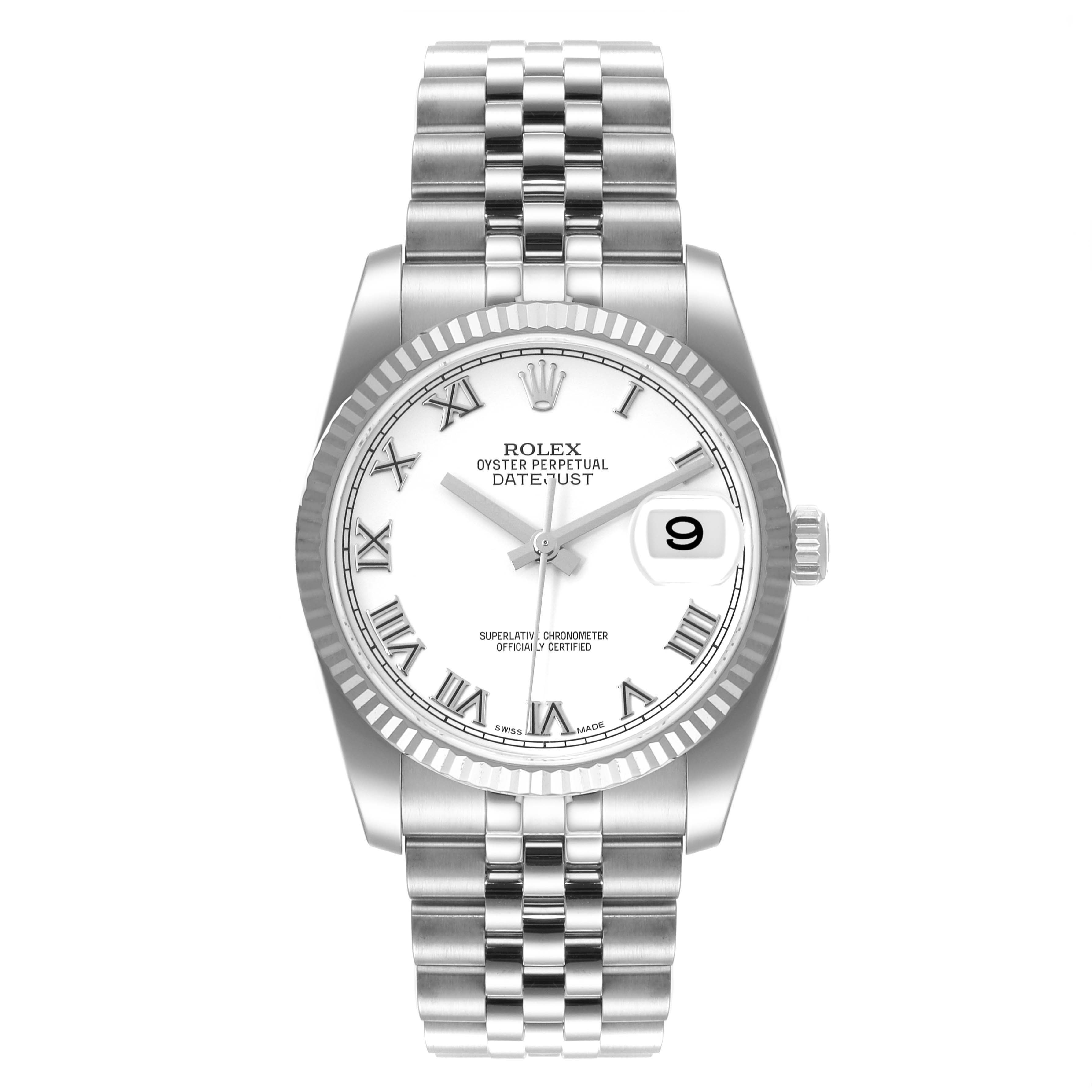 This image shows a frontal view of a Rolex Datejust 116234 Men's Stainless Steel White Dial 116234 Men's Stainless Steel White Dial watch, displaying its face, bezel, crown, and bracelet.