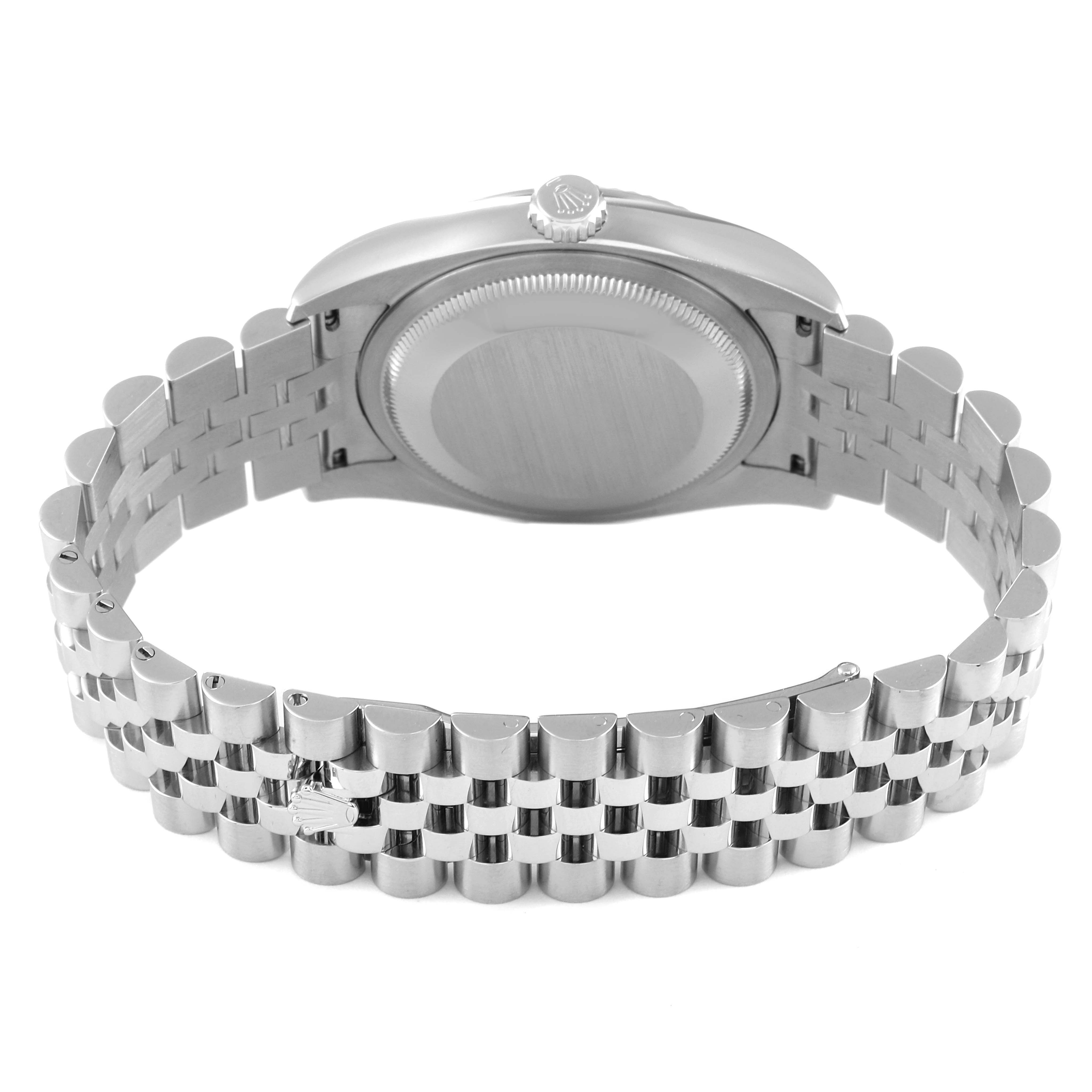 This is a rear view of the Rolex Datejust 116234 Men's Stainless Steel White Dial 116234 Men's Stainless Steel White Dial watch, showcasing the case back and Jubilee bracelet.