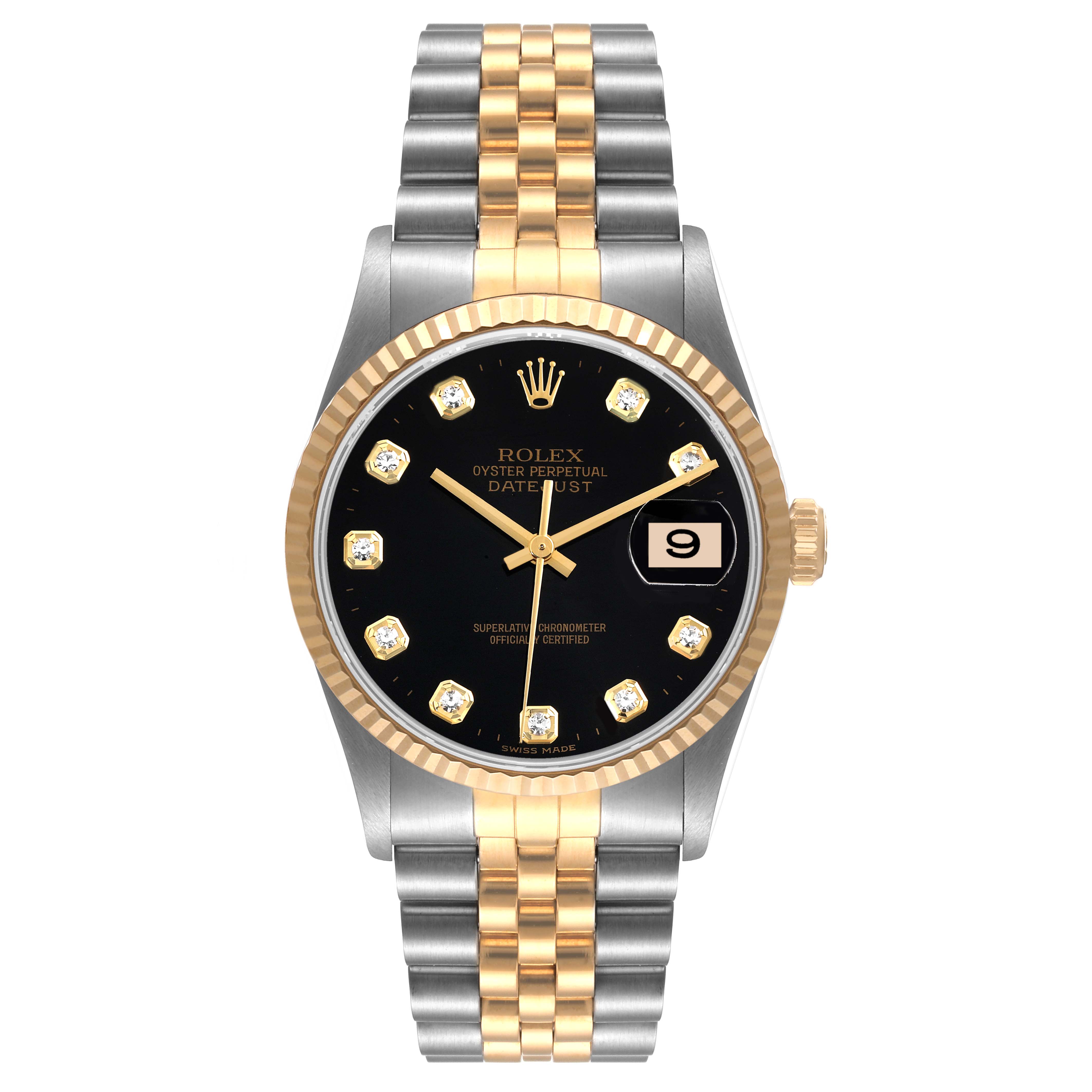 This image shows a Rolex Datejust 16233 Men's Steel and Gold (two tone) Black Dial 16233 Men's Steel and Gold (two tone) Black Dial watch from the front angle, displaying the dial, bezel, and the two-tone bracelet.
