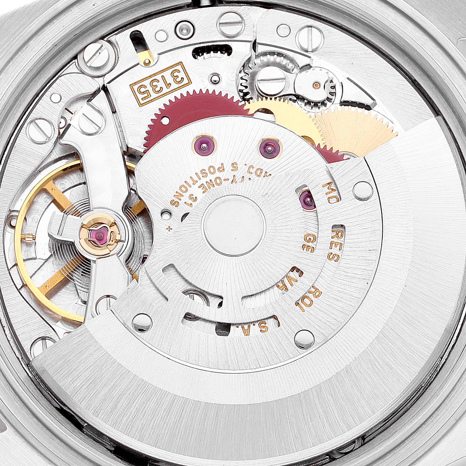 The image shows the internal movement mechanism of a Rolex Datejust 16233 Men's Steel and Gold (two tone) Black Dial 16233 Men's Steel and Gold (two tone) Black Dial watch, focusing on the intricate gears and parts.