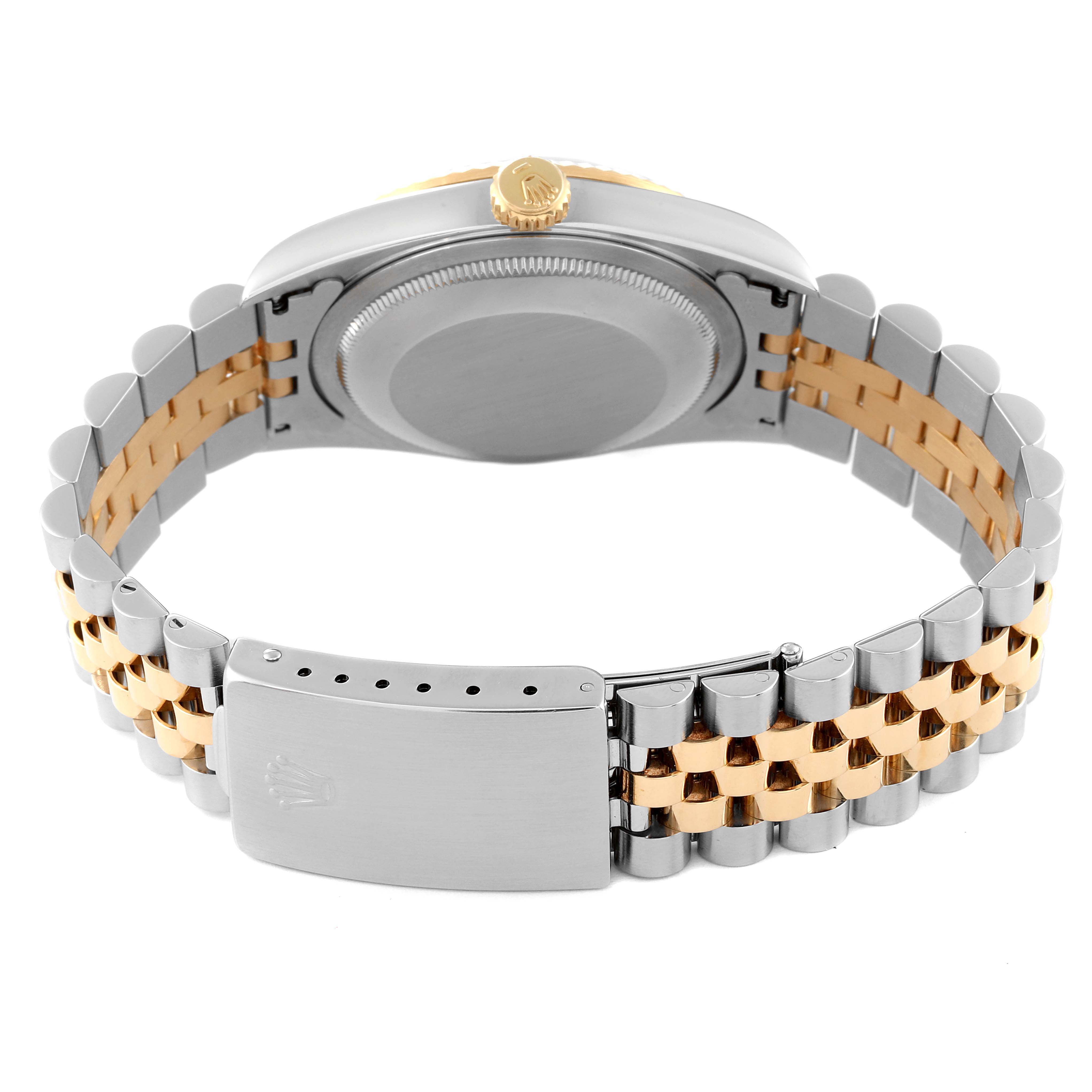 This image shows the back view of a Rolex Datejust 16233 Men's Steel and Gold (two tone) Black Dial 16233 Men's Steel and Gold (two tone) Black Dial watch, highlighting the case back and two-tone jubilee bracelet with clasp.