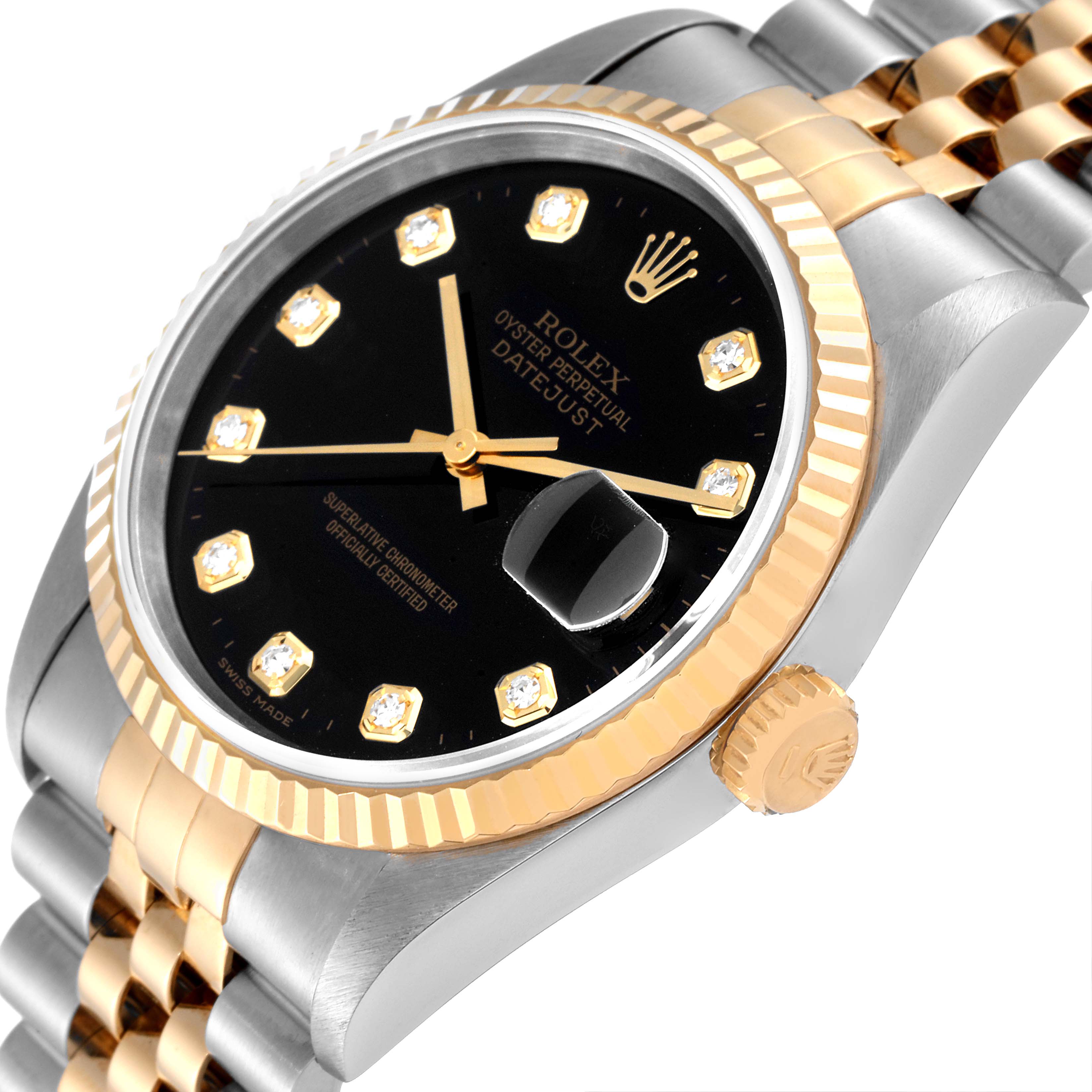 The image shows the face, bezel, and crown of a Rolex Datejust 16233 Men's Steel and Gold (two tone) Black Dial 16233 Men's Steel and Gold (two tone) Black Dial watch at an angled perspective.
