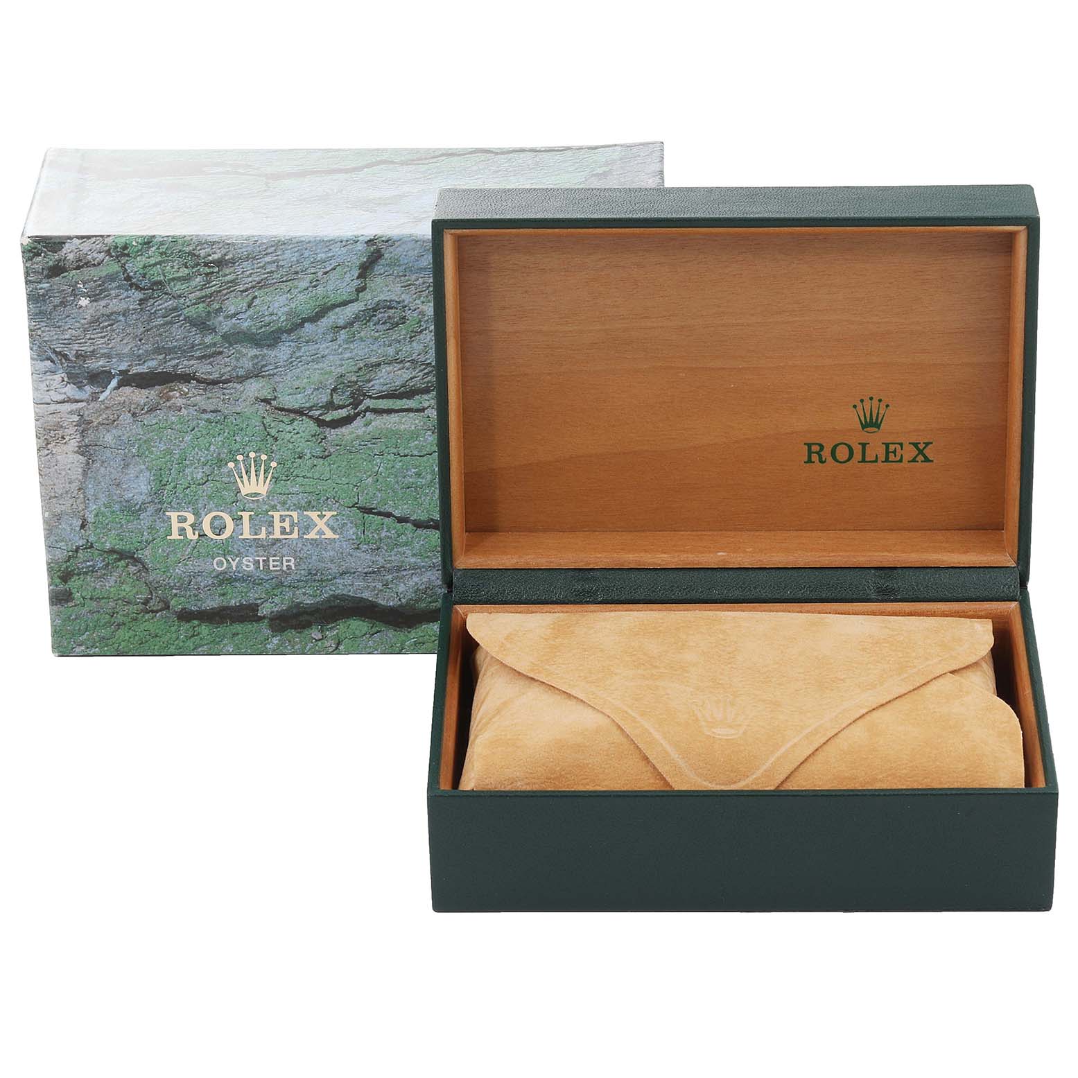 The image shows an open Rolex Datejust 16233 Men's Steel and Gold (two tone) Black Dial 16233 Men's Steel and Gold (two tone) Black Dial watch box with a protective pouch, alongside its outer box.