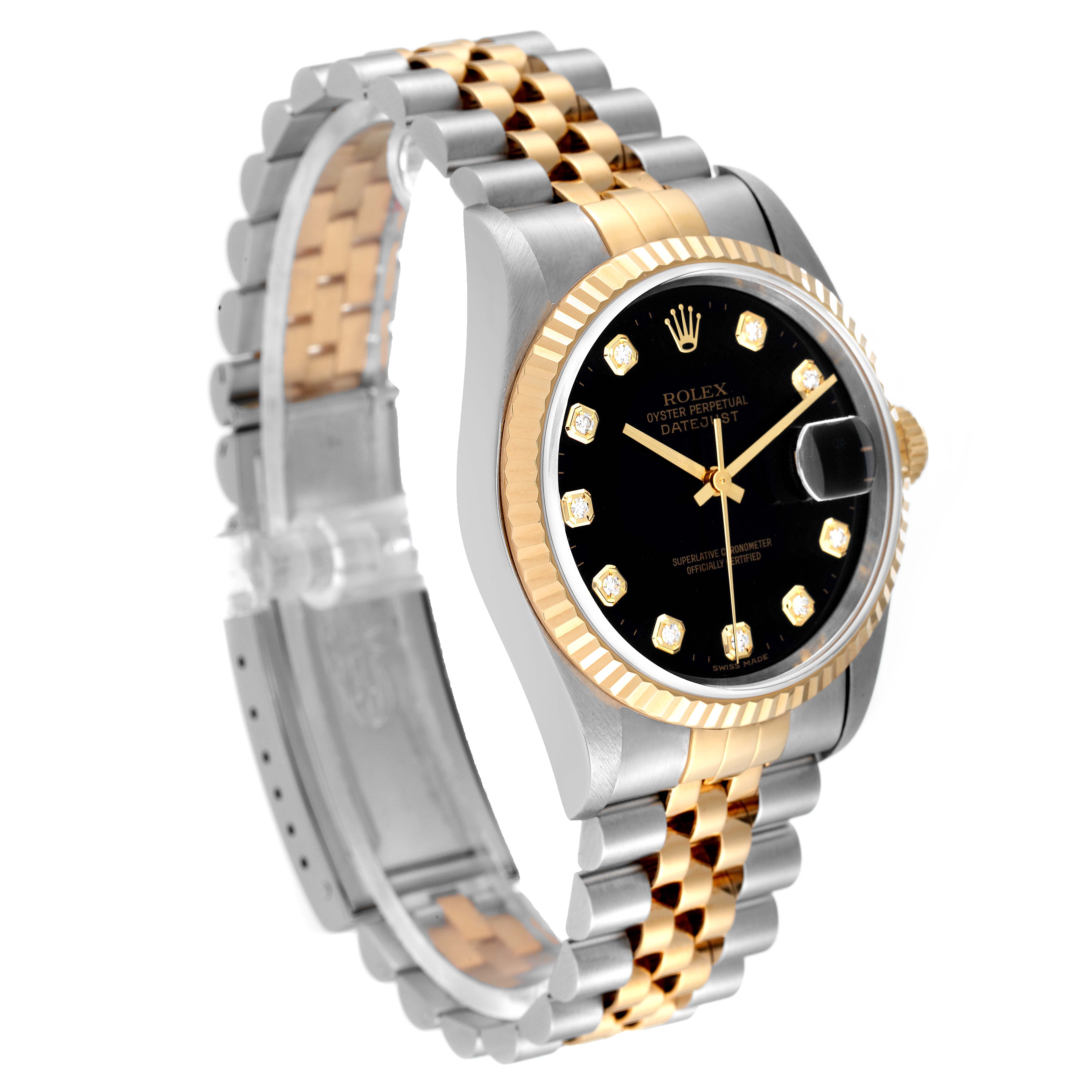 The image shows a side view of a Rolex Datejust 16233 Men's Steel and Gold (two tone) Black Dial 16233 Men's Steel and Gold (two tone) Black Dial watch, highlighting its two-tone bracelet, black dial, and fluted bezel.