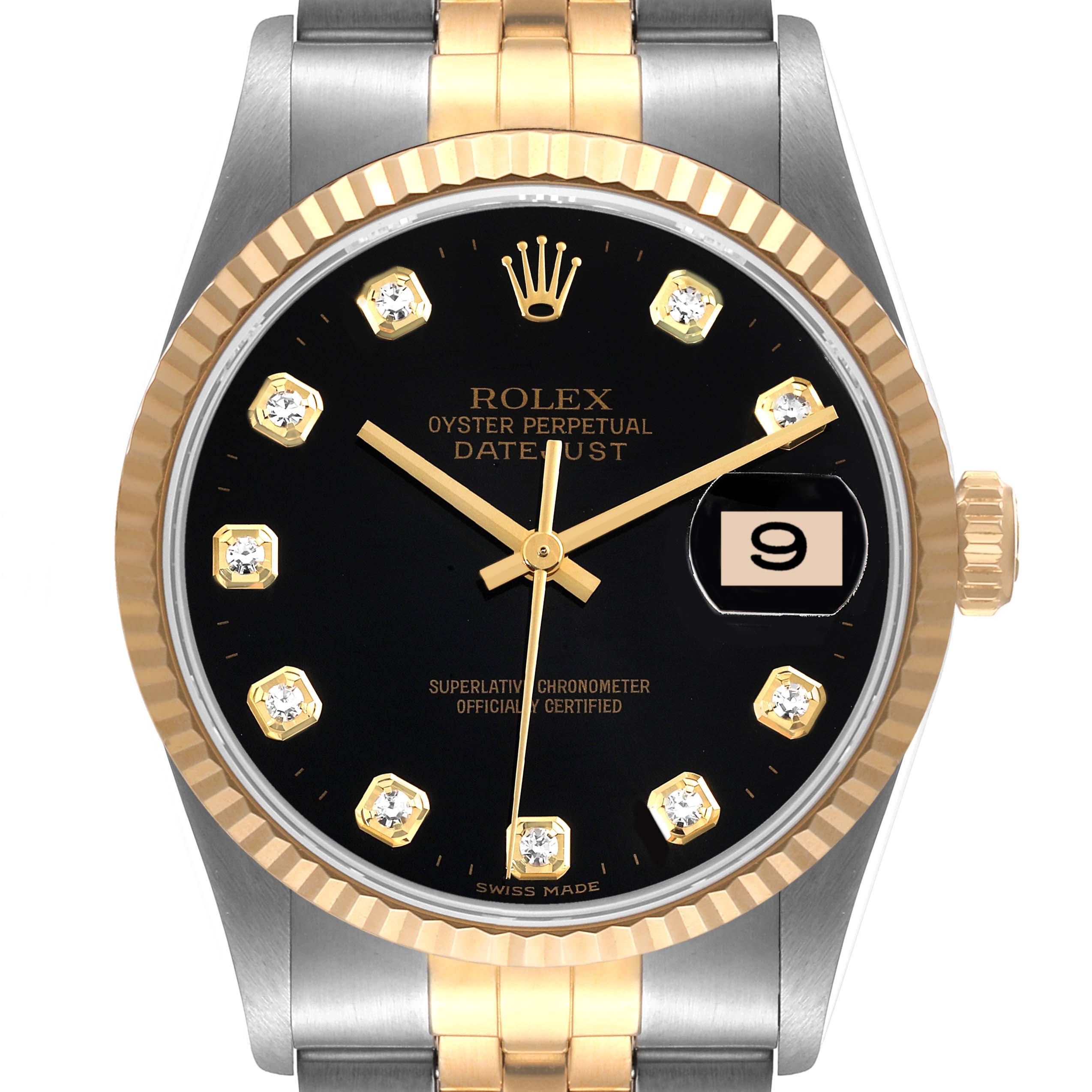 The image shows a front view of a Rolex Datejust 16233 Men's Steel and Gold (two tone) Black Dial 16233 Men's Steel and Gold (two tone) Black Dial watch, highlighting its dial, bezel, and part of the bracelet.