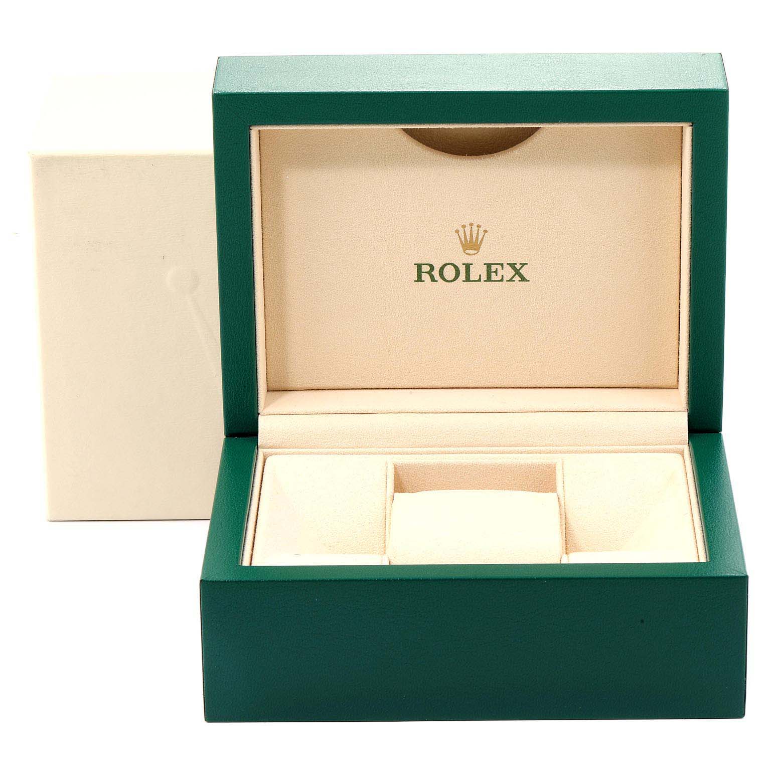 The image shows an open Rolex Datejust 116233 Men
s Steel and Gold (two tone) Black Dial 116233 Men
s Steel and Gold (two tone) Black Dial watch box with a green exterior and a beige interior.