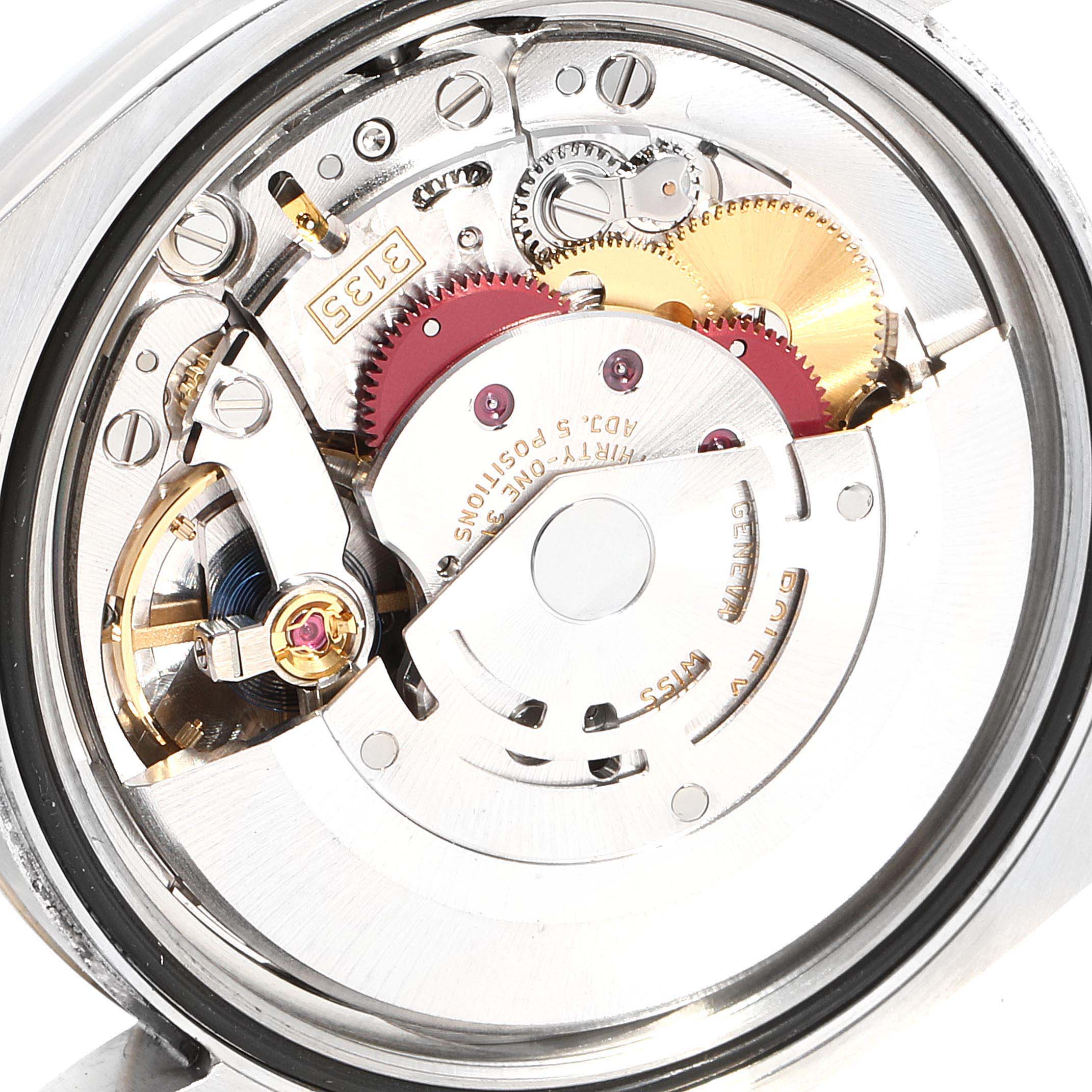 This image shows the internal movement mechanism of a Rolex Datejust 116233 Men
s Steel and Gold (two tone) Black Dial 116233 Men
s Steel and Gold (two tone) Black Dial watch from a top-down angle.