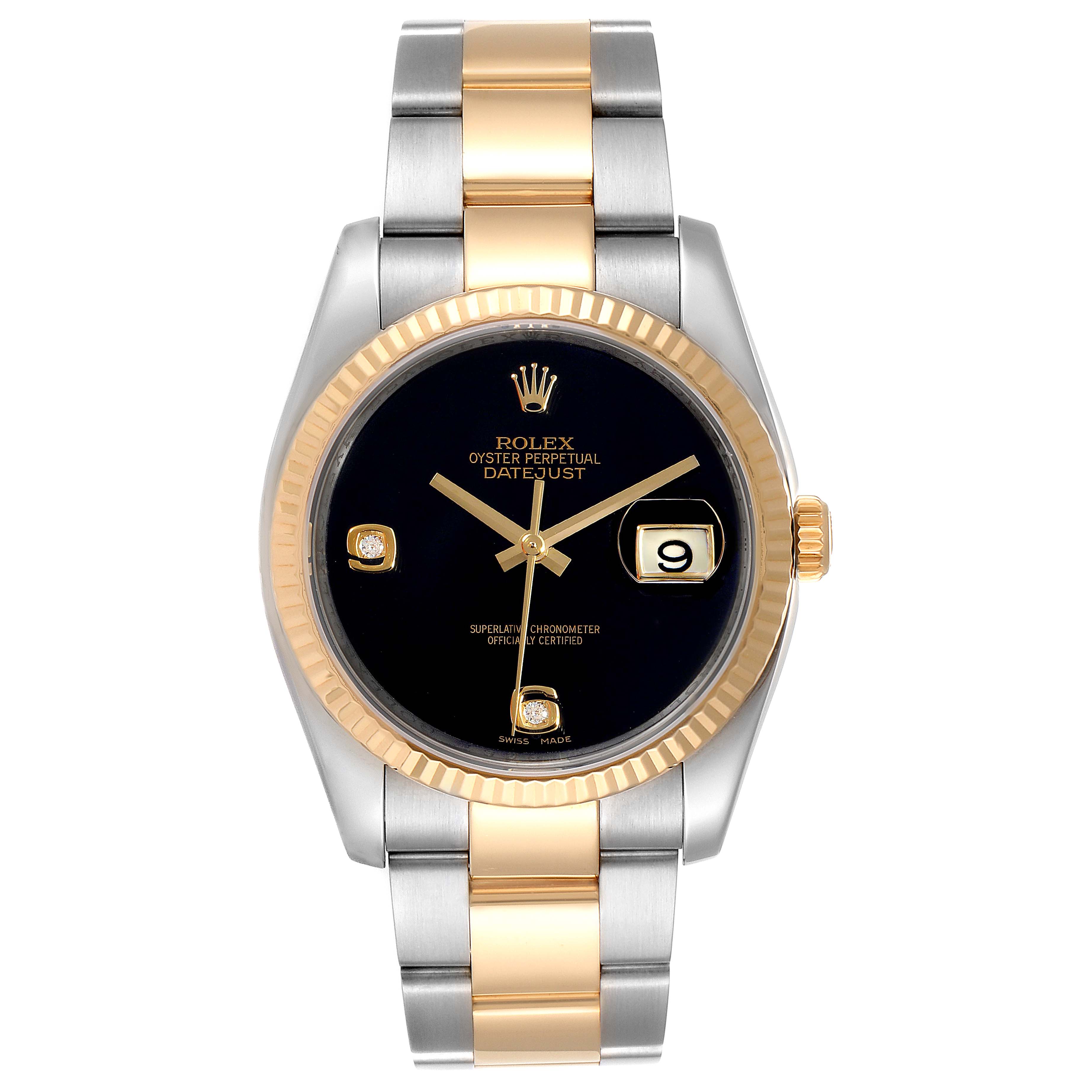 The Rolex Datejust 116233 Men
s Steel and Gold (two tone) Black Dial 116233 Men
s Steel and Gold (two tone) Black Dial watch is shown from a front angle, highlighting its black dial, gold accents, and two-tone bracelet.