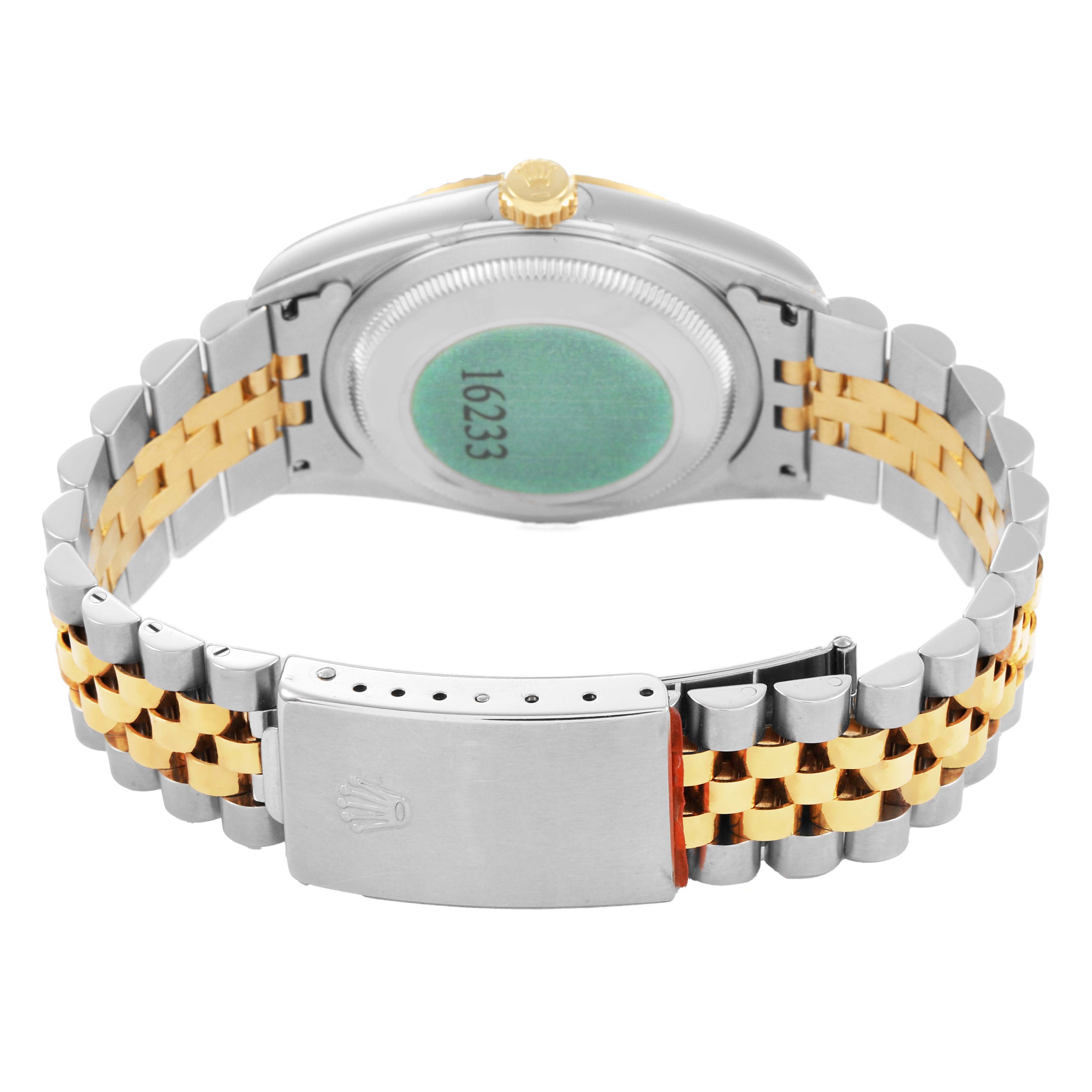 The image shows the back of a Rolex Datejust 16233 Men's Steel and Gold (two tone) Champagne Dial watch, focusing on the case back, crown, and Jubilee bracelet with two-tone links.