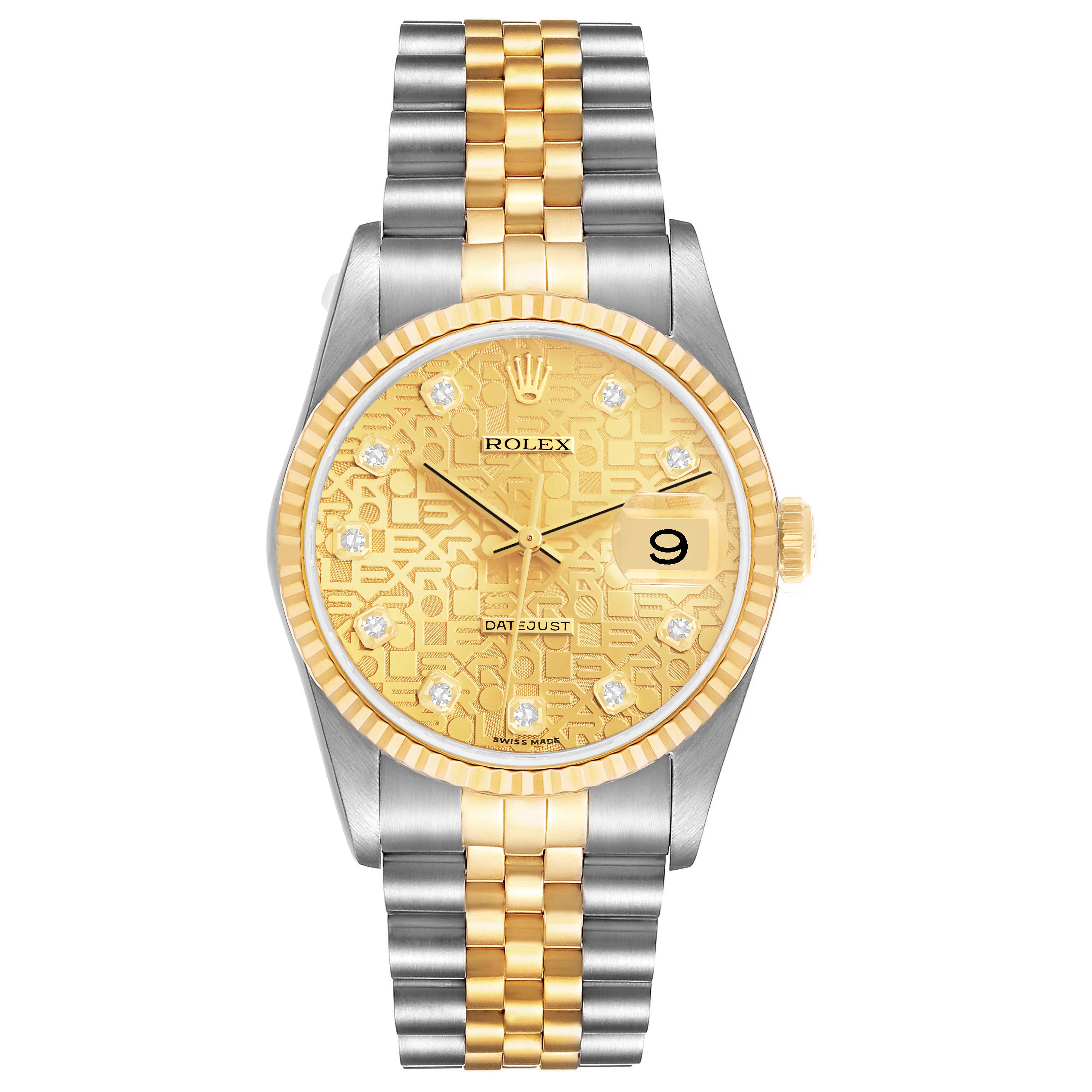 The Rolex Datejust 16233 Men's Steel and Gold (two tone) Champagne Dial watch is shown from a front angle, highlighting the dial, bezel, and bracelet.