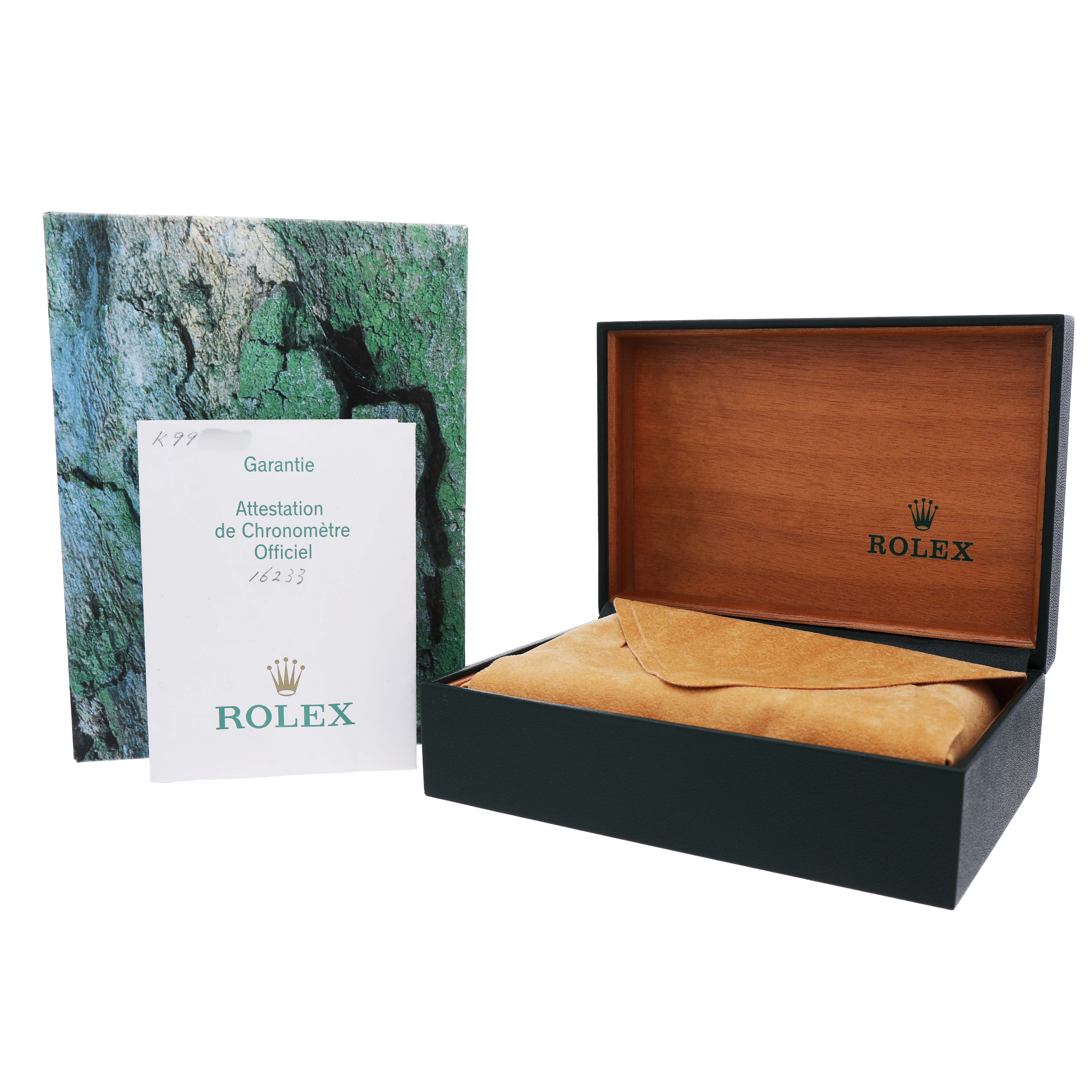 The image shows a Rolex Datejust 16233 Men's Steel and Gold (two tone) Champagne Dial box with a card, certificate booklet, and outer sleeve in view.