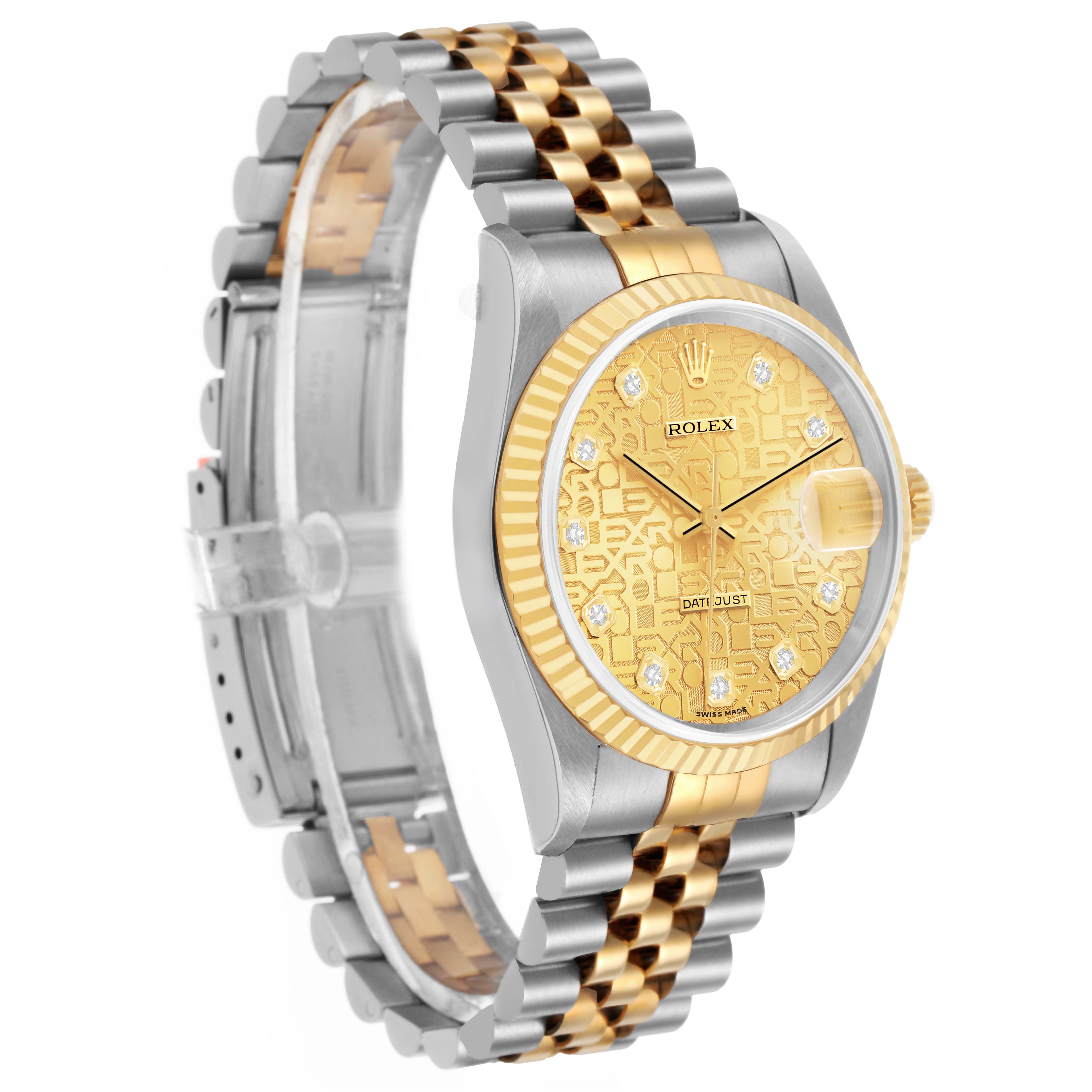 The Rolex Datejust 16233 Men's Steel and Gold (two tone) Champagne Dial watch is shown at a three-quarter angle, displaying the dual-tone bracelet, fluted bezel, and the patterned dial.