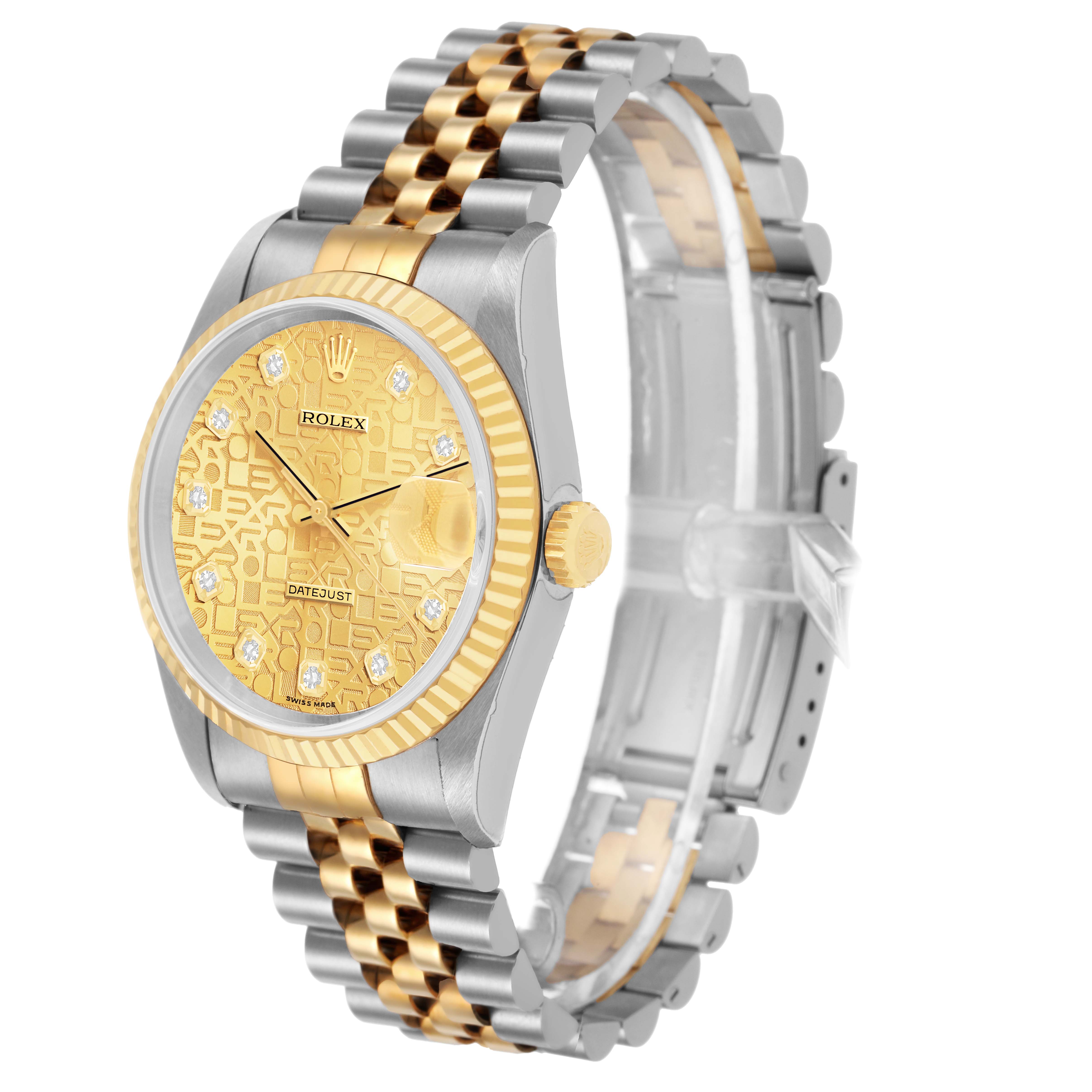 The Rolex Datejust 16233 Men's Steel and Gold (two tone) Champagne Dial watch is shown at a slight angle, displaying the face, bezel, case, and bracelet clearly.