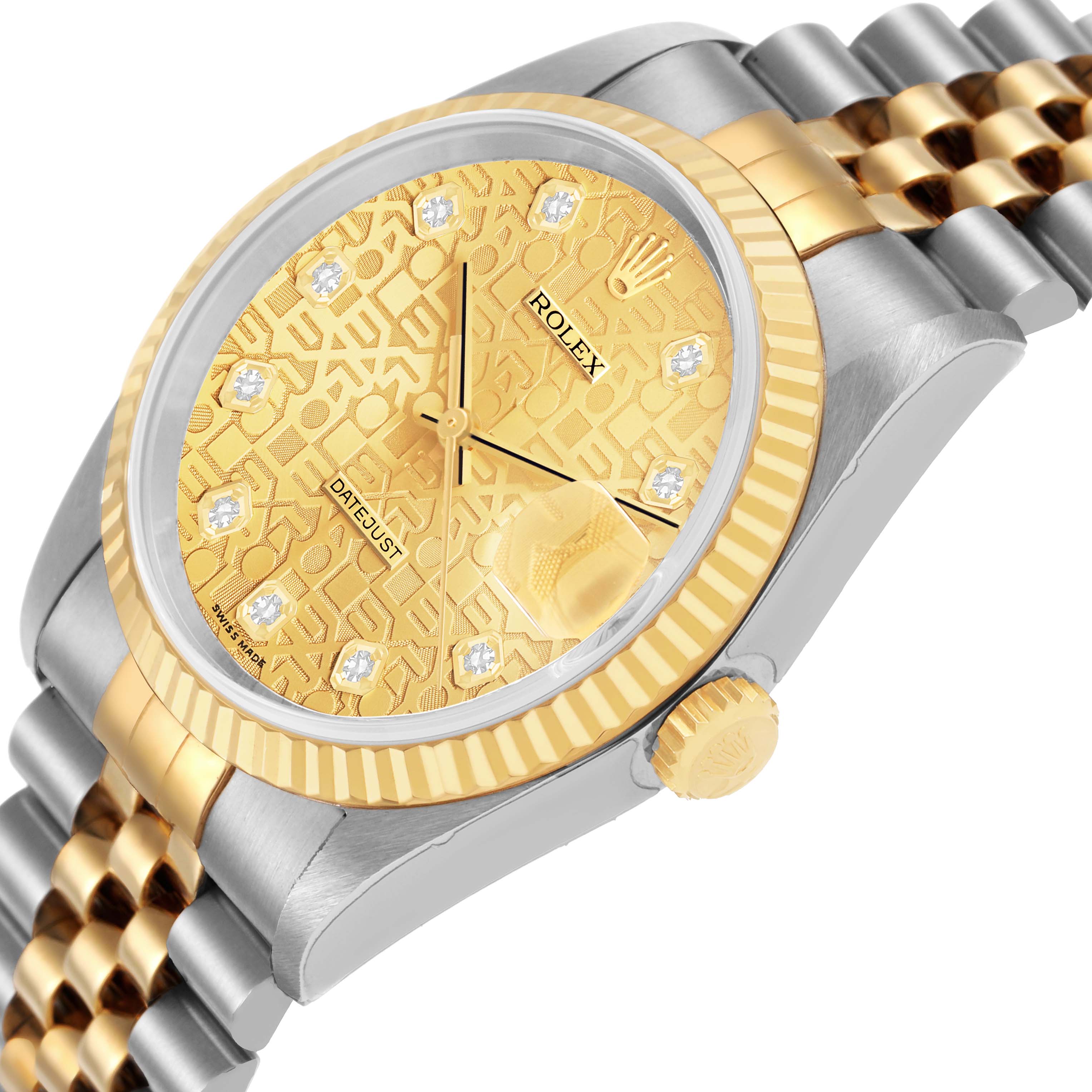 The Rolex Datejust 16233 Men's Steel and Gold (two tone) Champagne Dial watch is shown at a slight angle displaying the gold patterned dial, bezel, crown, and part of the bracelet.