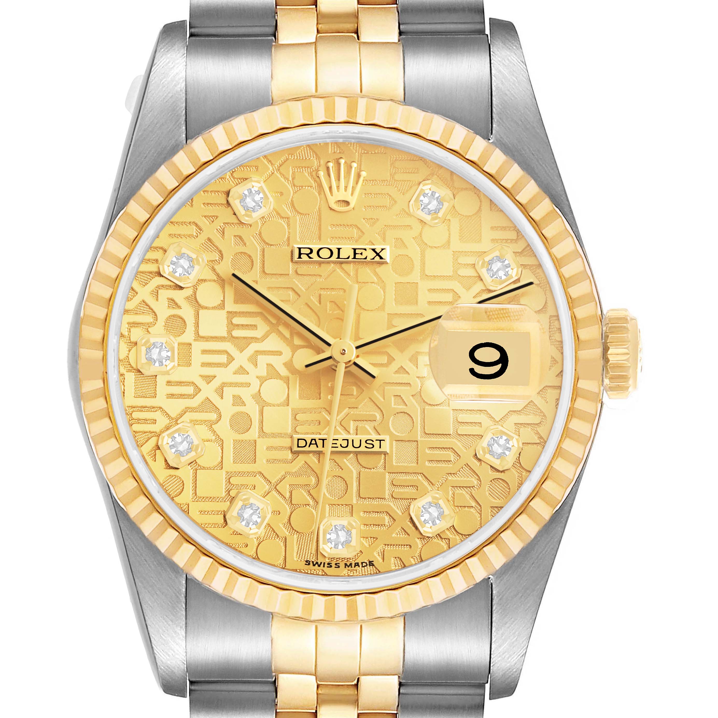 The Rolex Datejust 16233 Men's Steel and Gold (two tone) Champagne Dial watch is shown from a front view, highlighting the golden dial, bezel, and bracelet.