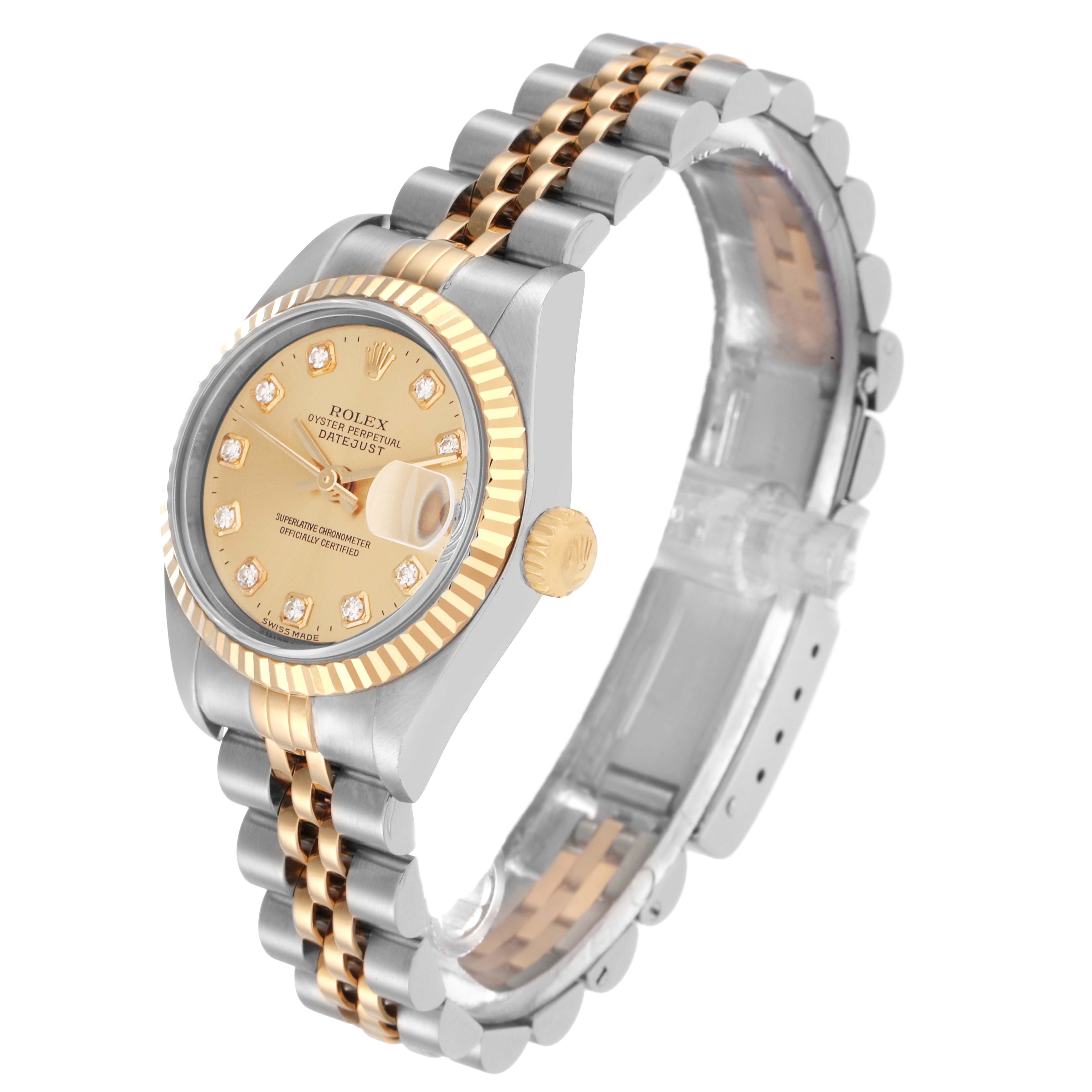 The Rolex Datejust 79173 Women
s Steel and Gold (two tone) Champagne Dial is shown at a side angle, highlighting the bezel, face, crown, and bracelet.