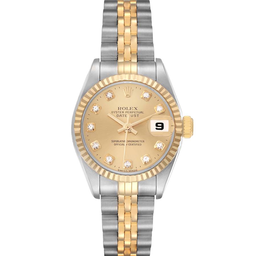 The image shows a Rolex Datejust model 79173 from a top-down angle, featuring its gold and silver bracelet, gold dial with diamond markers, and fluted bezel.