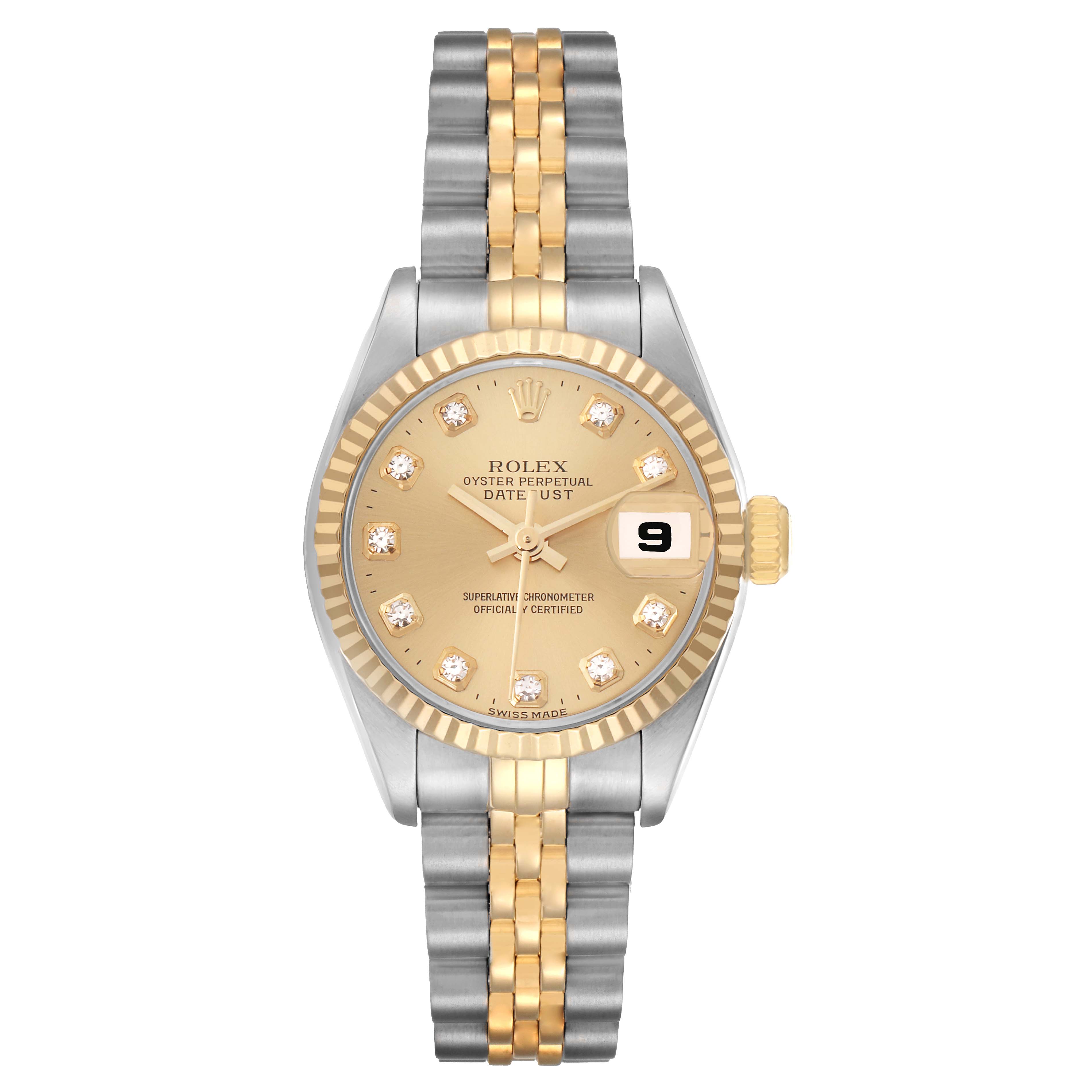 The Rolex Datejust 79173 Women
s Steel and Gold (two tone) Champagne Dial model is shown from a top-down view, highlighting the dial, bezel, and two-tone bracelet.