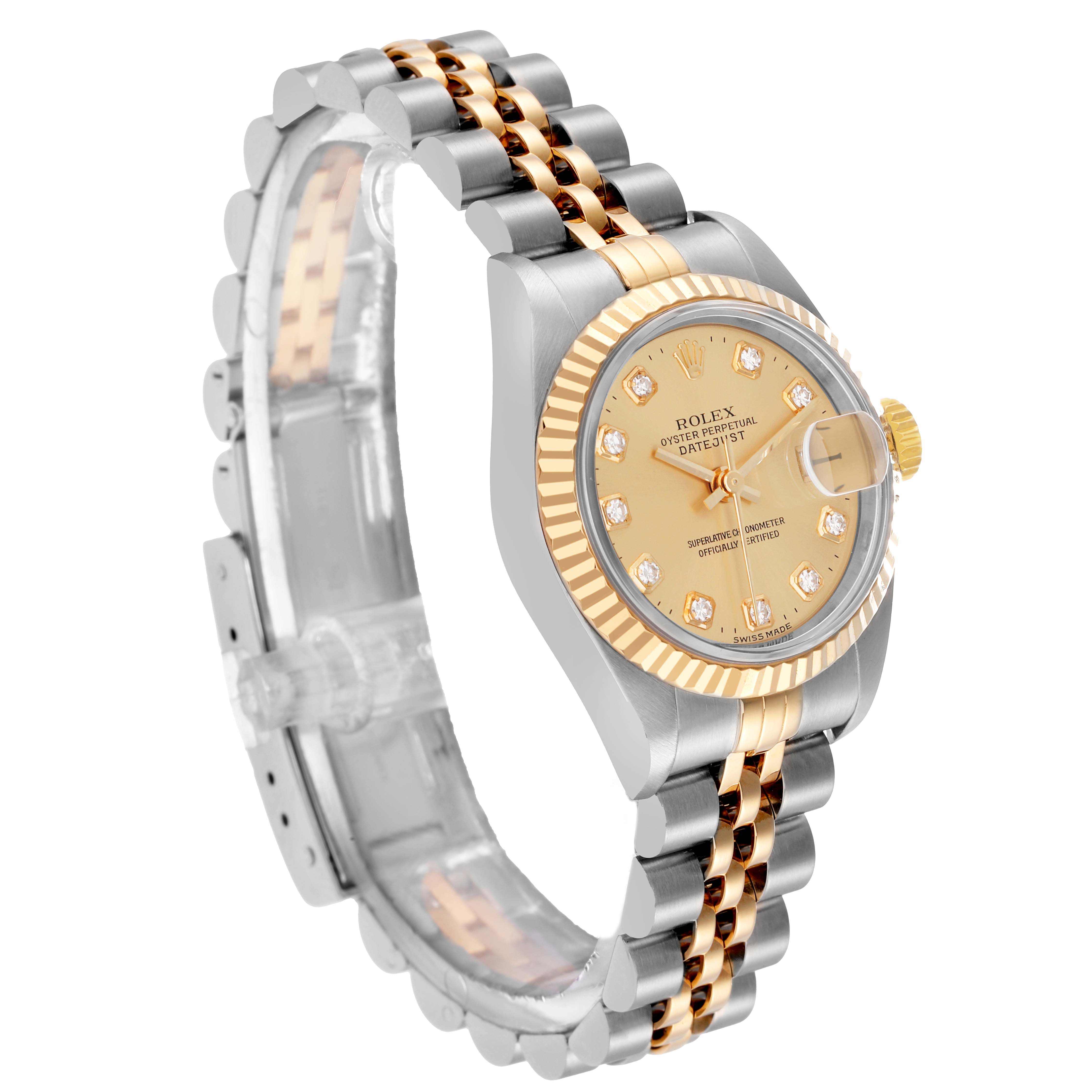 The Rolex Datejust 79173 Women
s Steel and Gold (two tone) Champagne Dial watch is shown at a slight angle, highlighting the dial, bezel, and two-tone bracelet.
