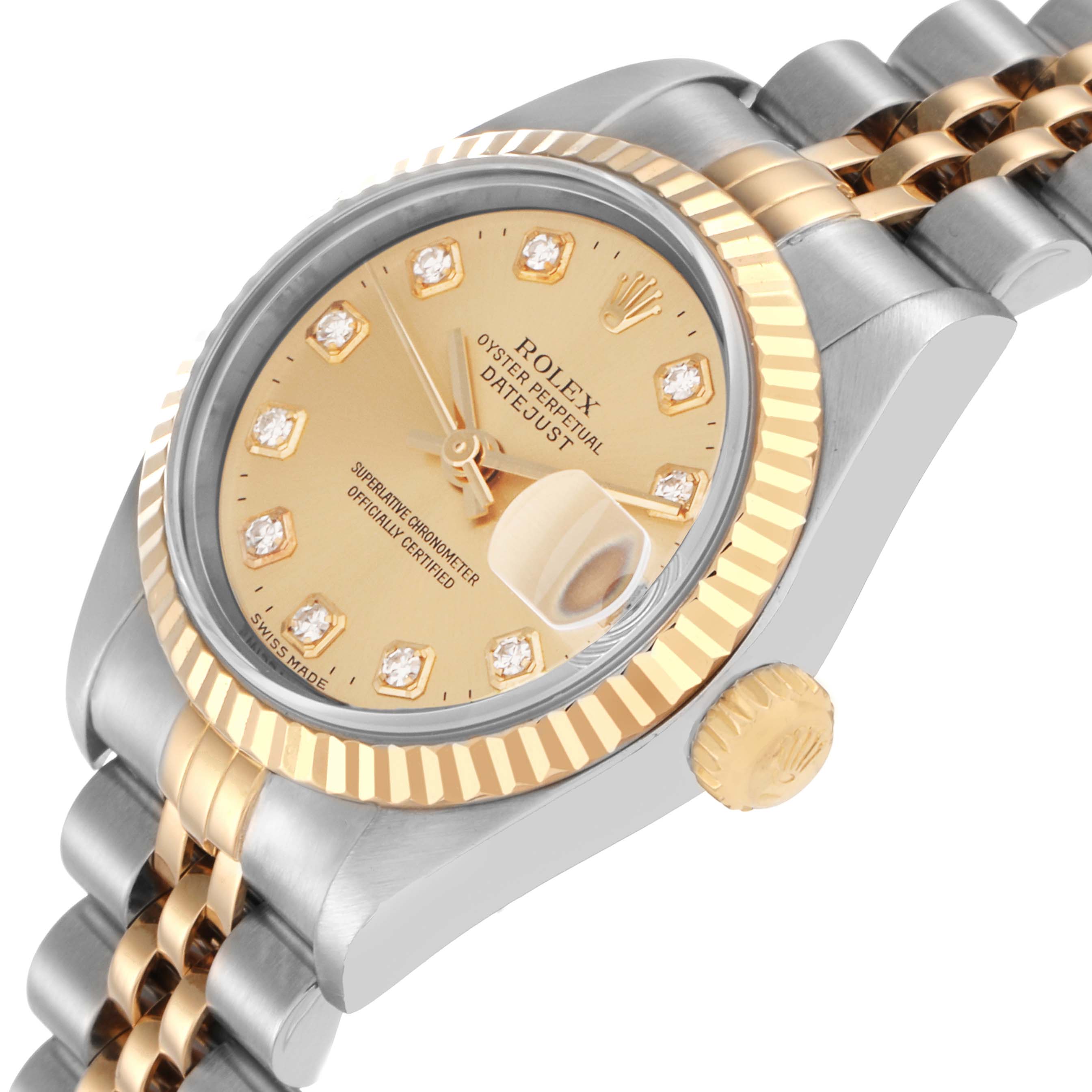 The Rolex Datejust 79173 Women
s Steel and Gold (two tone) Champagne Dial watch is shown at an angled view, highlighting the dial, bezel, crown, and part of the bracelet.