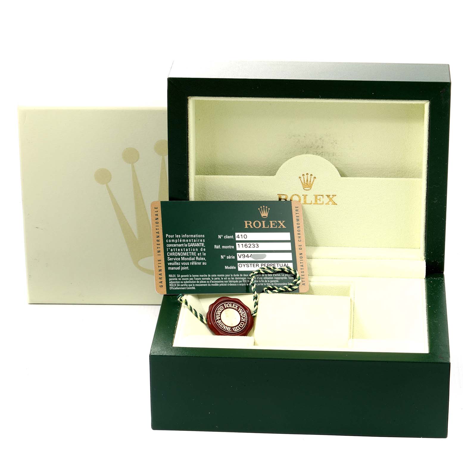 The image shows the open box and certificate for a Rolex Datejust 116233 Men's Steel and Gold (two tone) Black Dial 116233 Men's Steel and Gold (two tone) Black Dial model, with the watch not included.