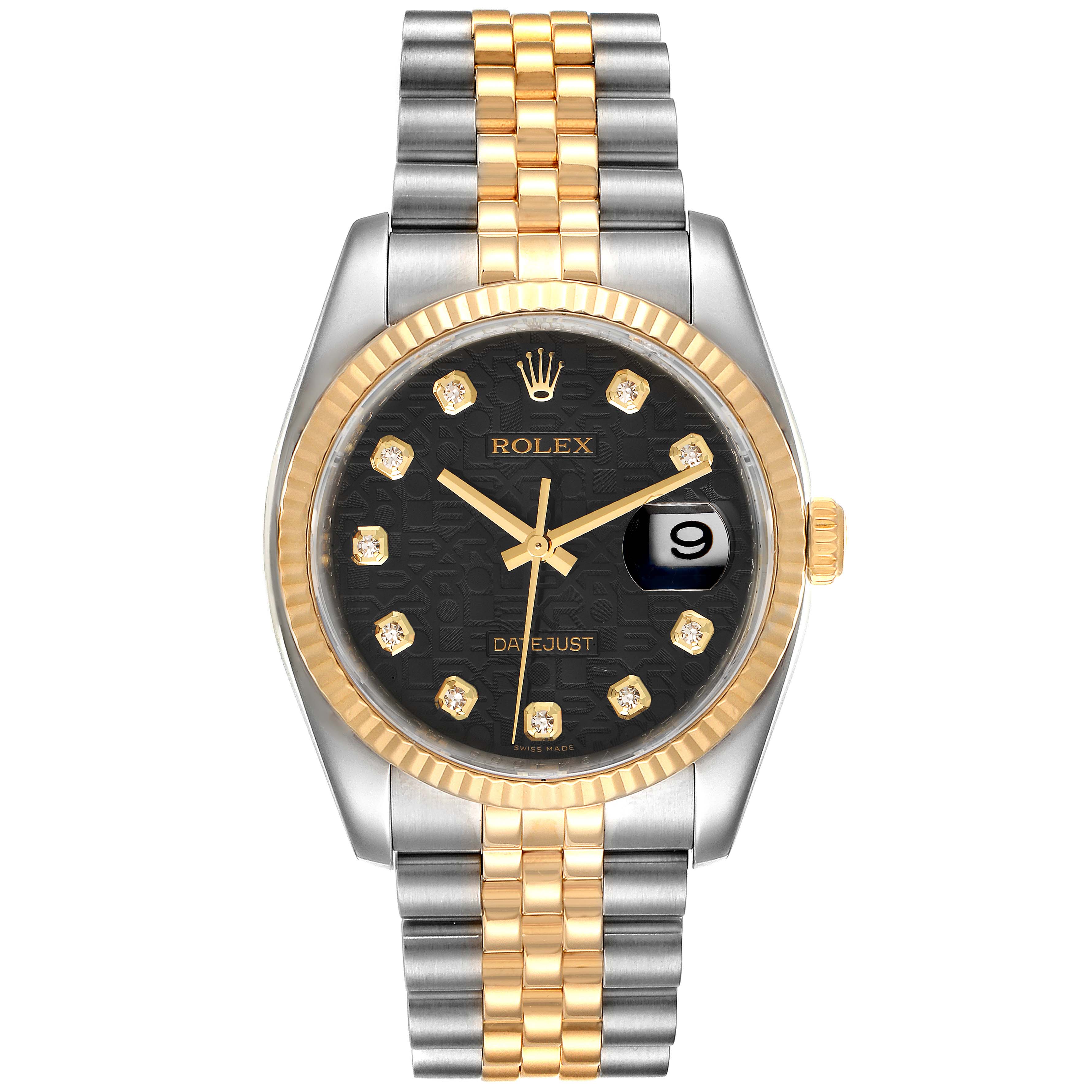 The image shows a Rolex Datejust 116233 Men's Steel and Gold (two tone) Black Dial 116233 Men's Steel and Gold (two tone) Black Dial watch from a front angle, highlighting its two-tone bracelet, black dial, and diamond hour markers.