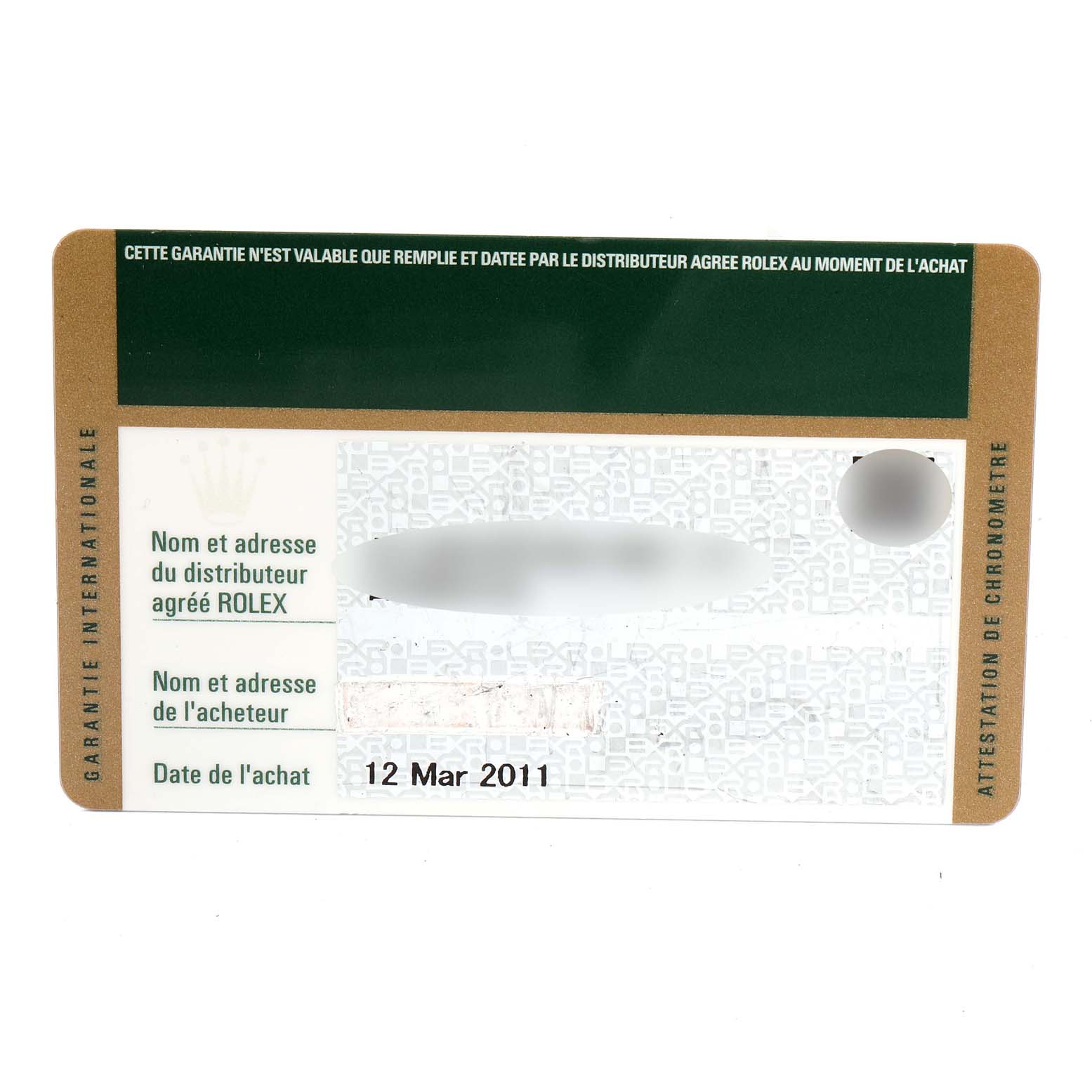 This is the warranty card for a Rolex Datejust 116233 Men's Steel and Gold (two tone) Black Dial 116233 Men's Steel and Gold (two tone) Black Dial watch, showing the purchase date and authorized dealer details.
