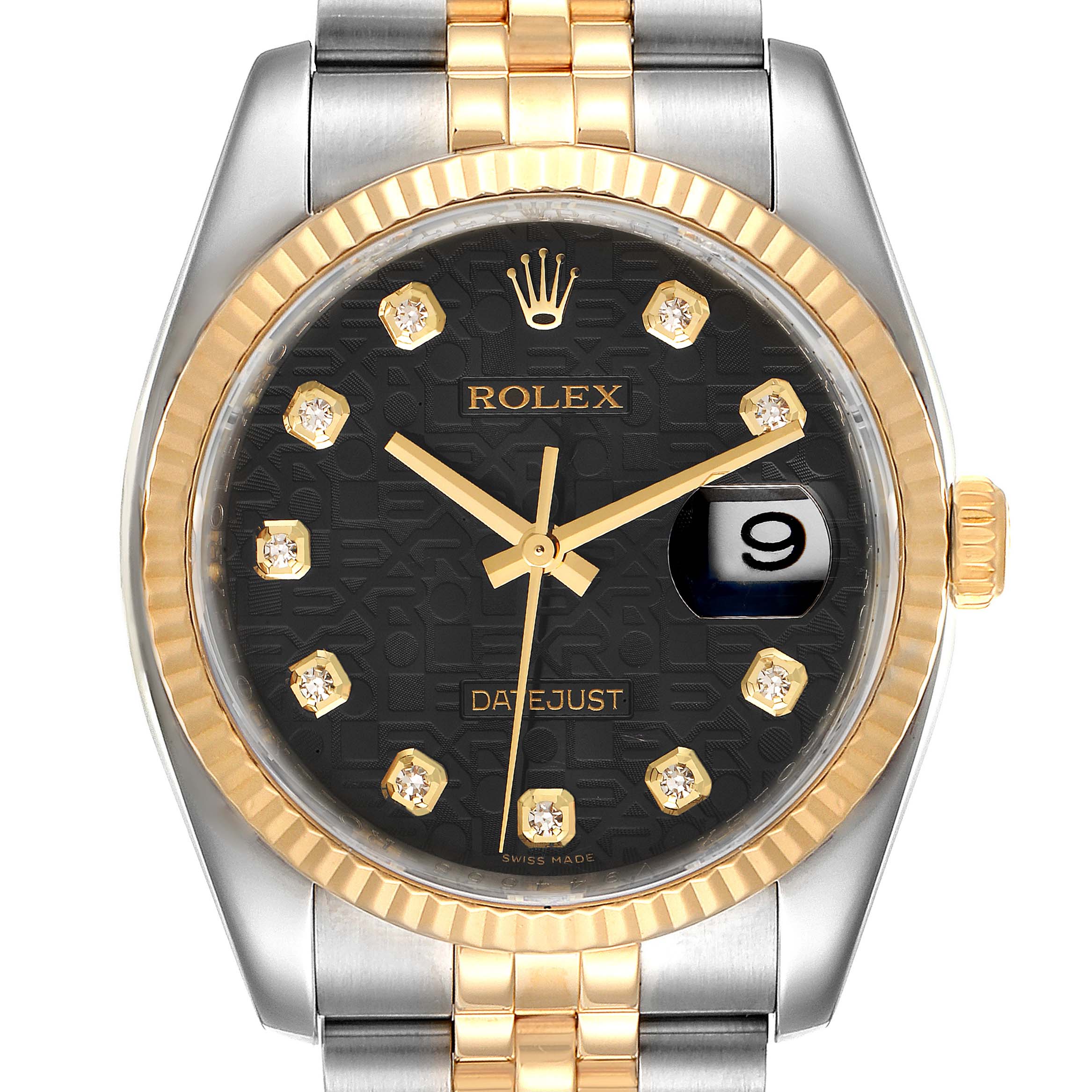 This is a front view of the Rolex Datejust 116233 Men's Steel and Gold (two tone) Black Dial 116233 Men's Steel and Gold (two tone) Black Dial watch featuring a black dial, date window, gold bezel, and two-tone bracelet.