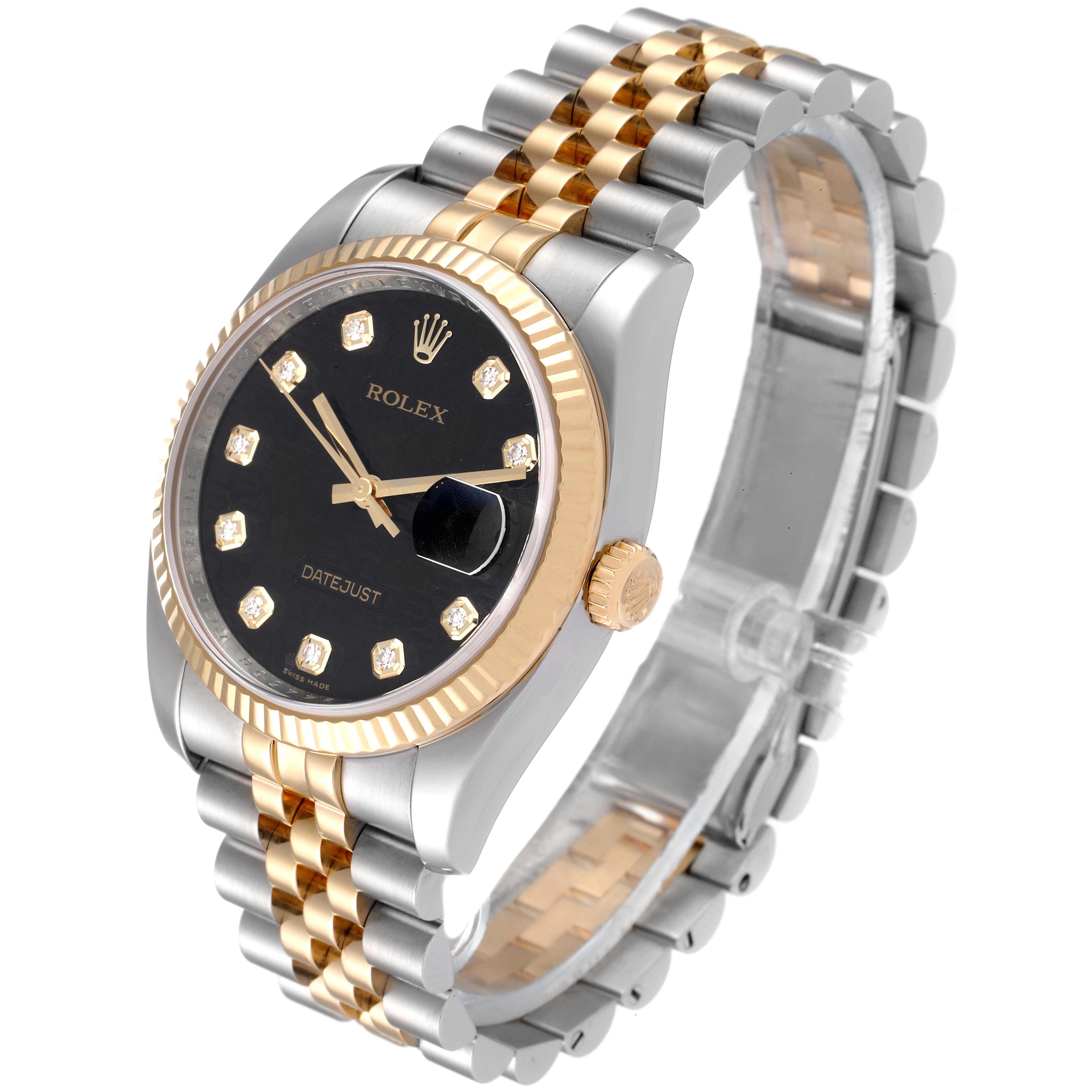The image shows a Rolex Datejust 116233 Men's Steel and Gold (two tone) Black Dial 116233 Men's Steel and Gold (two tone) Black Dial watch at a slight angle, highlighting its black dial, diamond markers, jubilee bracelet, and two-tone finish.
