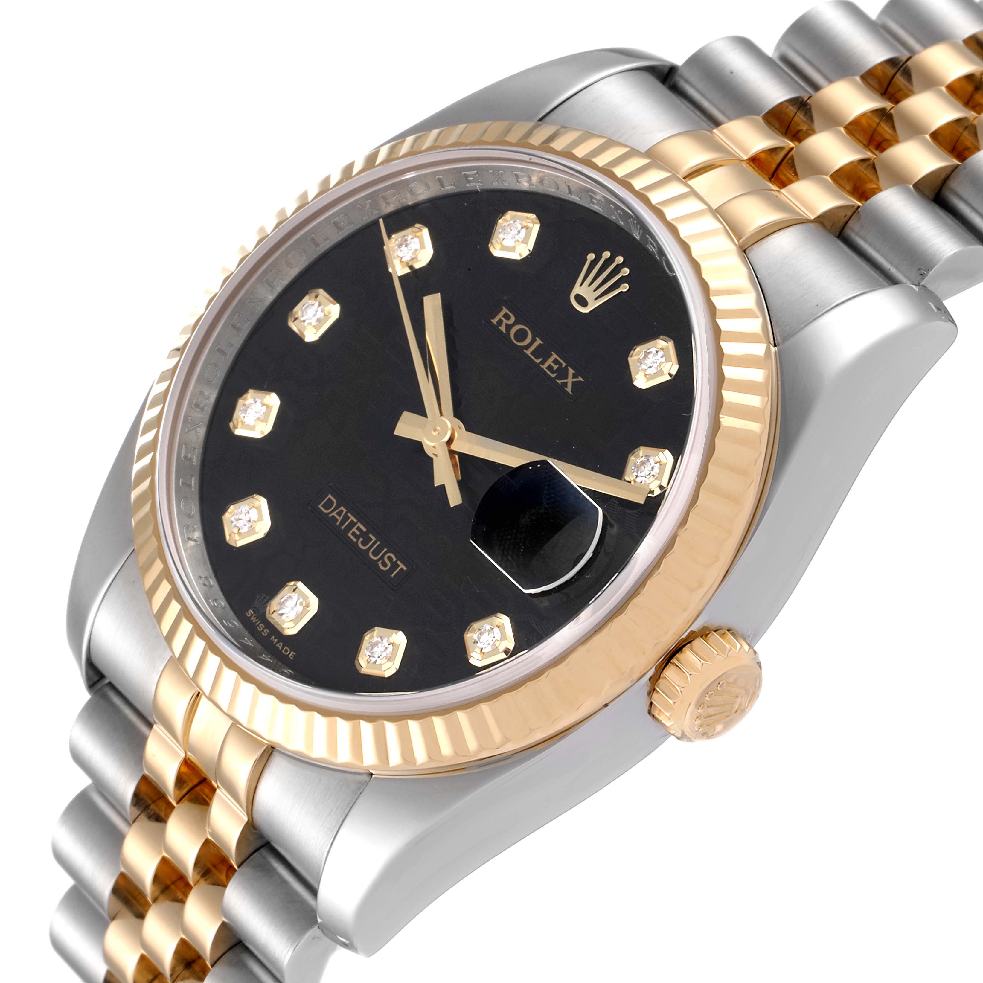 The image shows a side angle of a Rolex Datejust 116233 Men's Steel and Gold (two tone) Black Dial 116233 Men's Steel and Gold (two tone) Black Dial watch, highlighting the black dial, gold bezel, and two-tone bracelet.