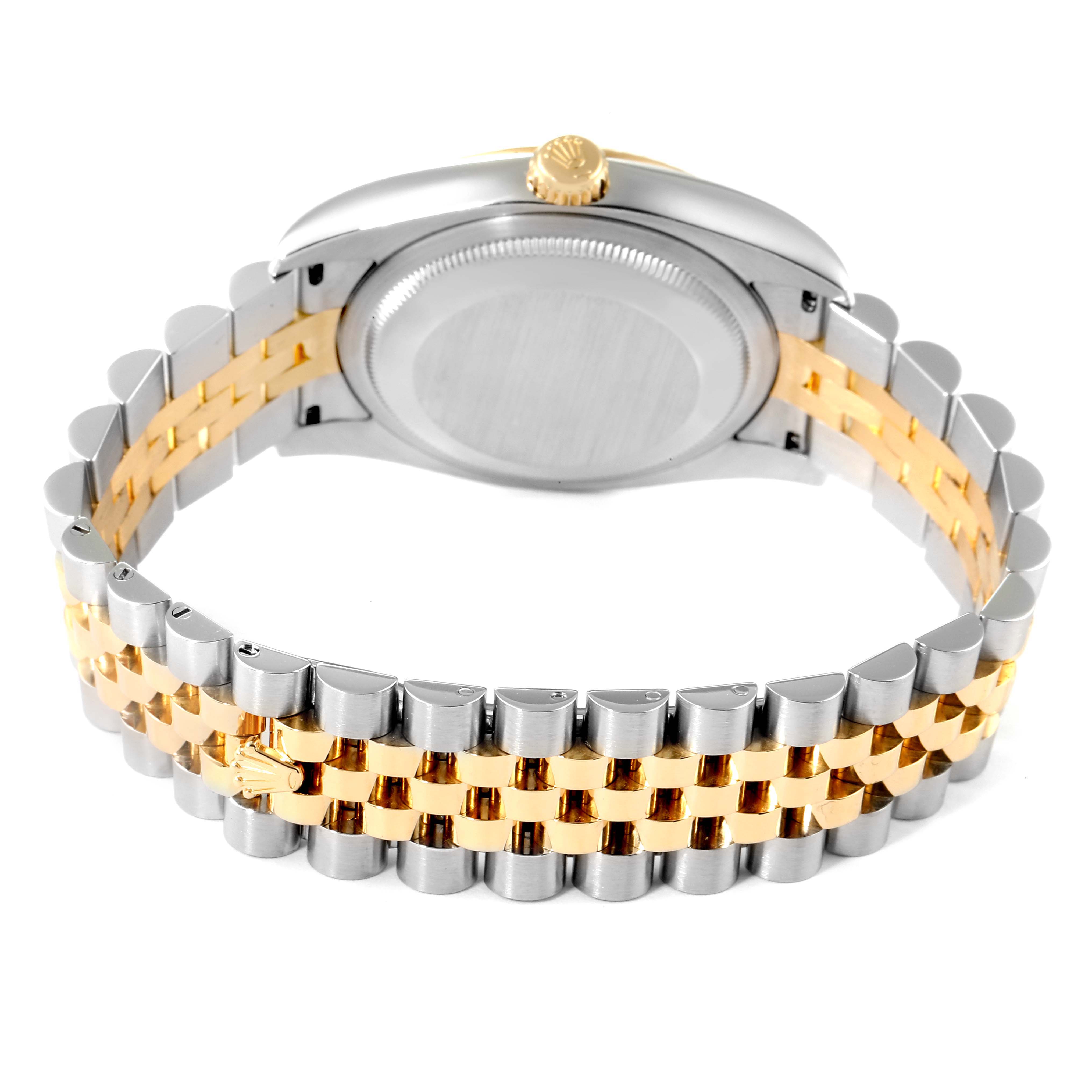 This image shows the back of a Rolex Datejust 116233 Men's Steel and Gold (two tone) Black Dial 116233 Men's Steel and Gold (two tone) Black Dial watch and its two-tone jubilee bracelet.
