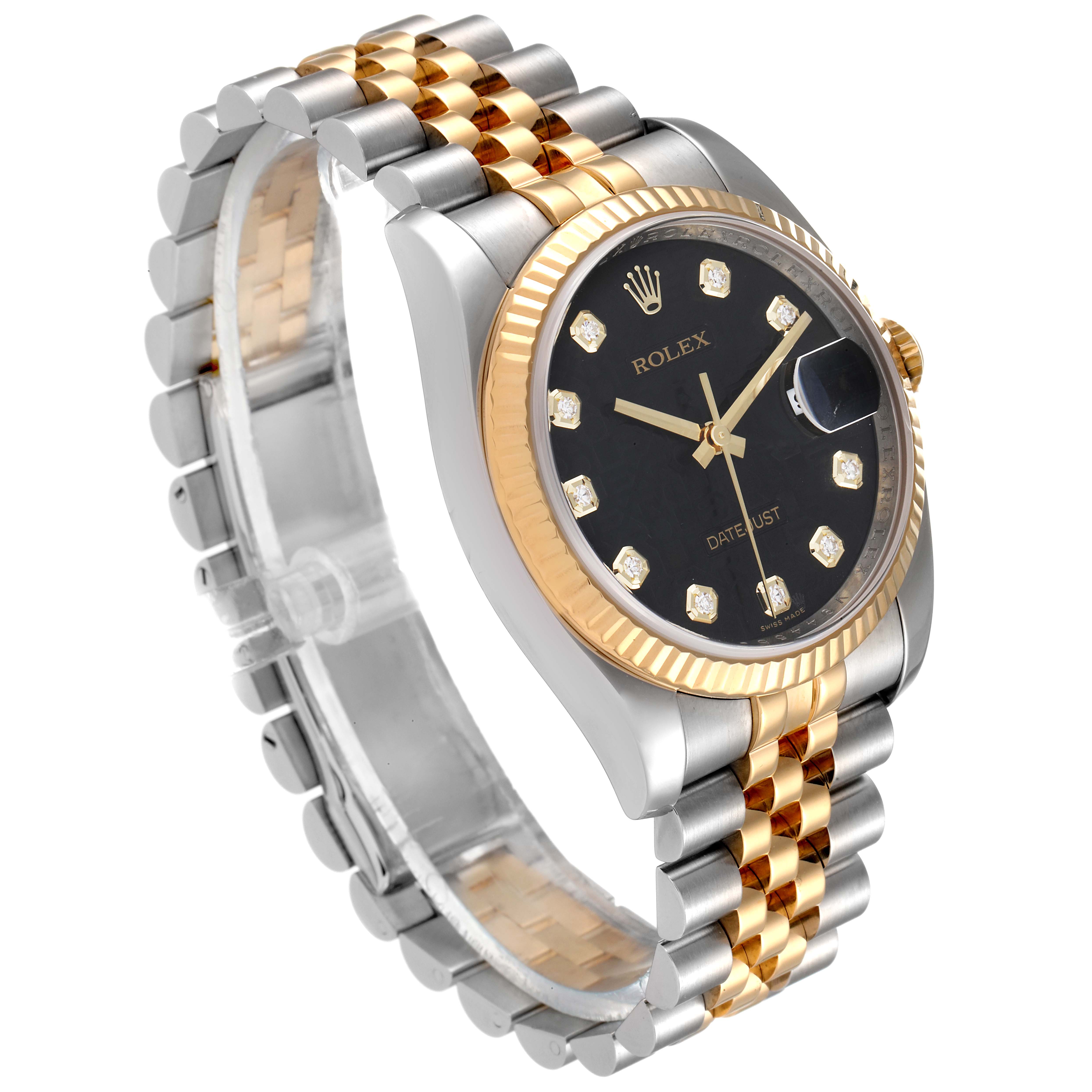 The image shows a Rolex Datejust 116233 Men's Steel and Gold (two tone) Black Dial 116233 Men's Steel and Gold (two tone) Black Dial watch at a tilted angle, highlighting its bezel, dial, and two-tone bracelet.