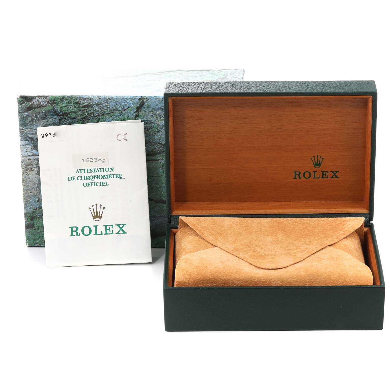 The image shows the open box, certificate, and protective pouch for a Rolex Datejust 16233 Men's Steel and Gold (two tone) Champagne Dial 16233 Men's Steel and Gold (two tone) Champagne Dial watch.