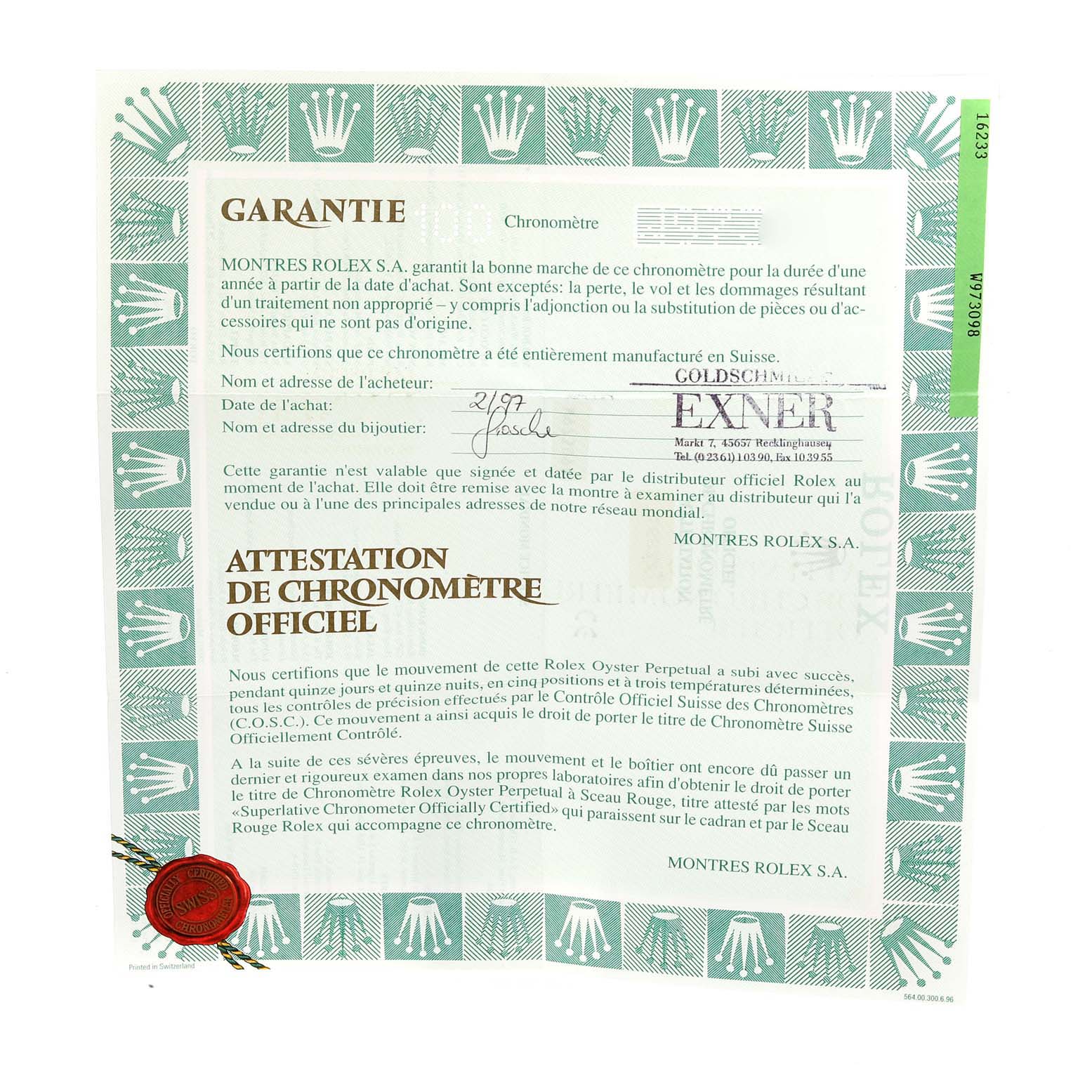 This image shows the warranty certificate and chronometer certification for a Rolex Datejust 16233 Men's Steel and Gold (two tone) Champagne Dial 16233 Men's Steel and Gold (two tone) Champagne Dial watch.