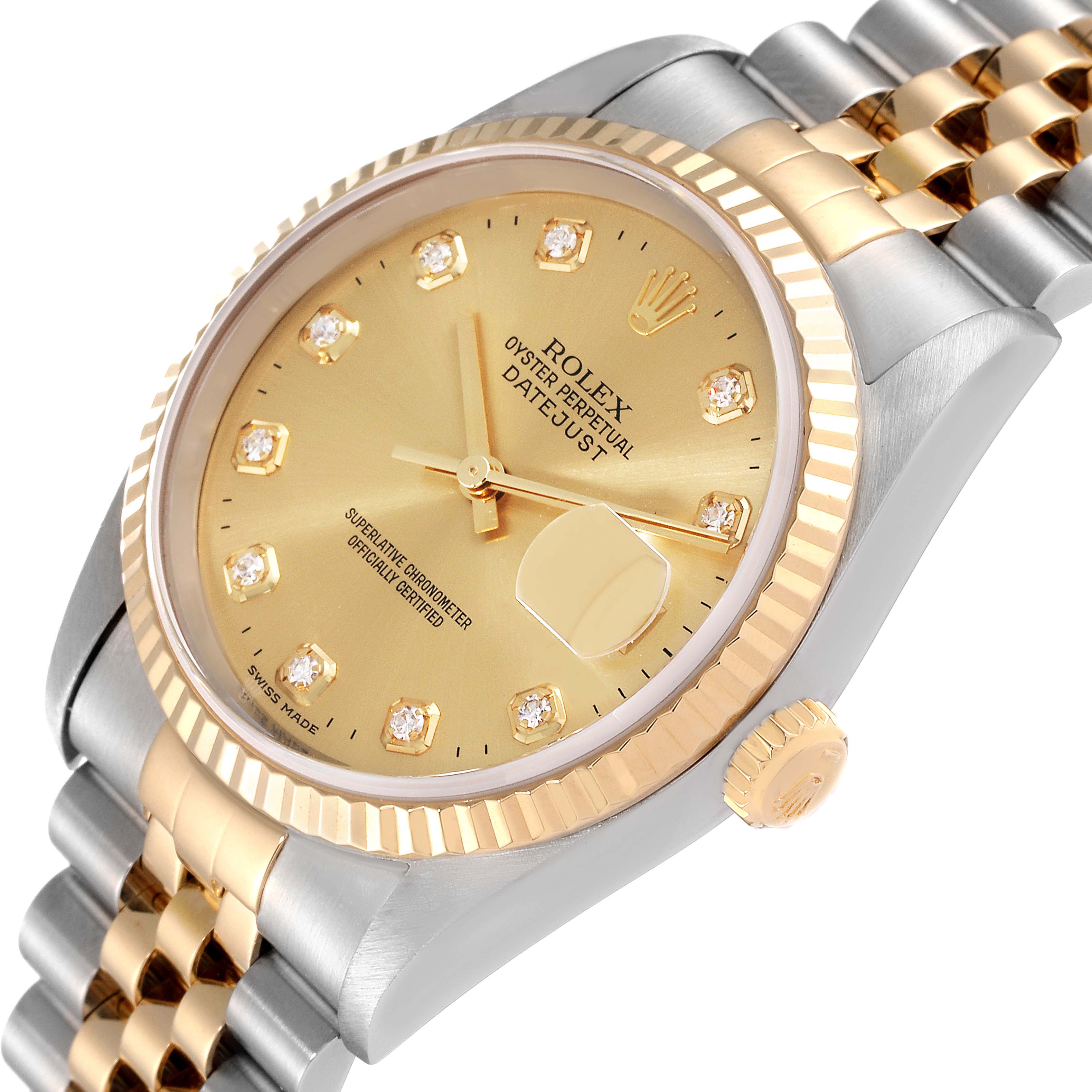The Rolex Datejust 16233 Men's Steel and Gold (two tone) Champagne Dial 16233 Men's Steel and Gold (two tone) Champagne Dial watch is shown at a slight angle, displaying its gold dial, bezel, diamond markers, crown, and two-tone bracelet.