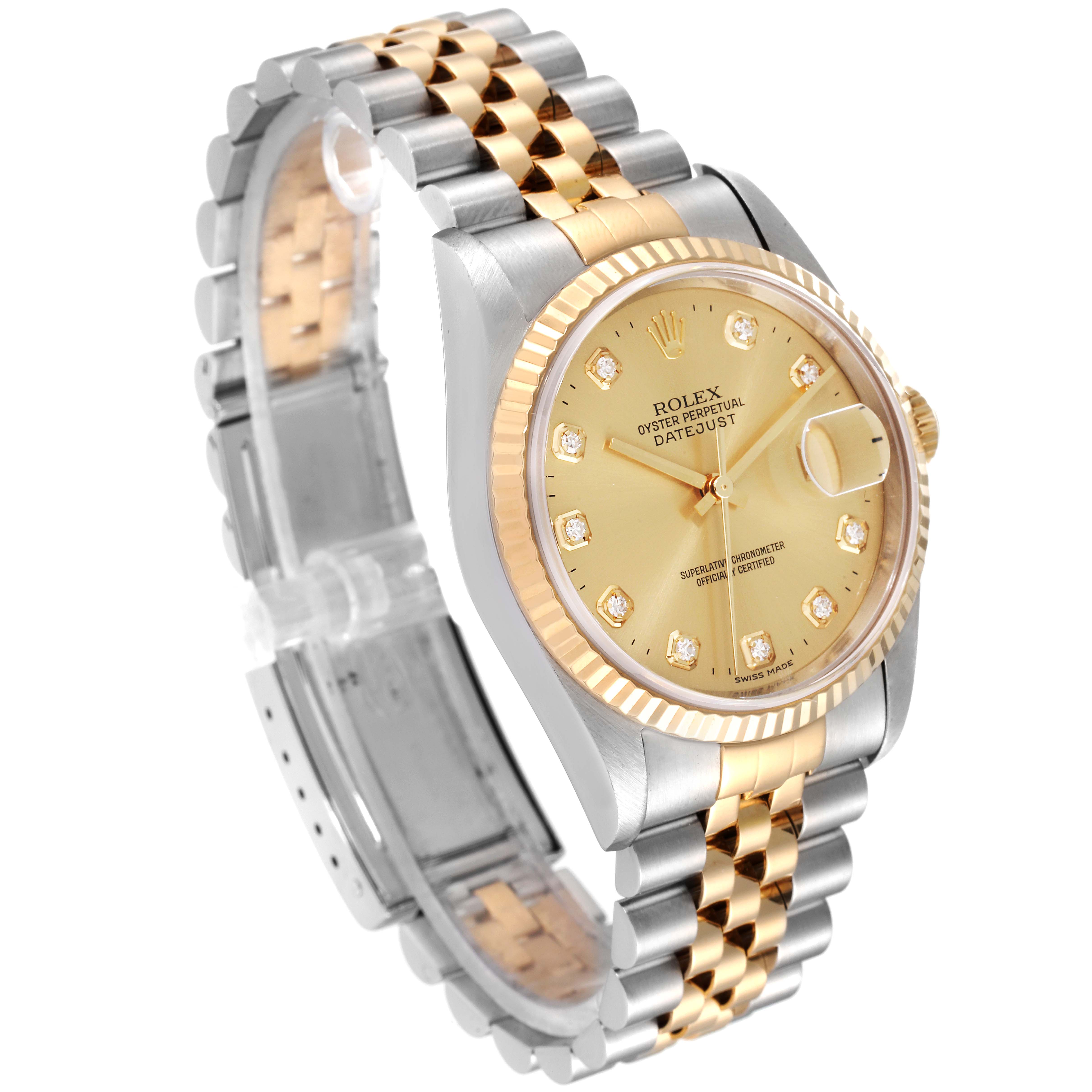 This image shows the Rolex Datejust 16233 Men's Steel and Gold (two tone) Champagne Dial 16233 Men's Steel and Gold (two tone) Champagne Dial watch at a three-quarter angle, featuring the dial, bezel, and jubilee bracelet.