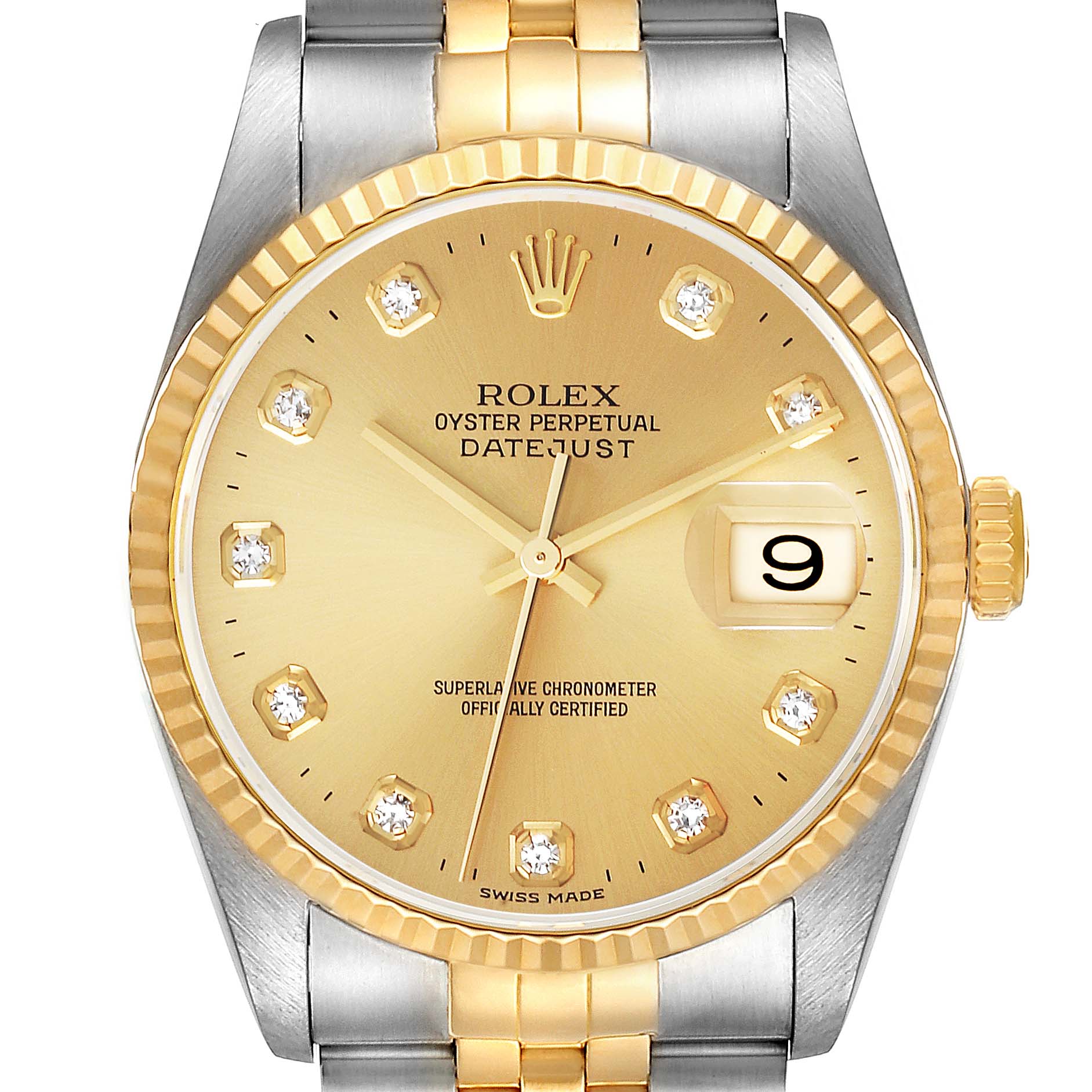 This image shows the face and part of the band of a Rolex Datejust 16233 Men's Steel and Gold (two tone) Champagne Dial 16233 Men's Steel and Gold (two tone) Champagne Dial watch, featuring a gold dial with diamond hour markers.