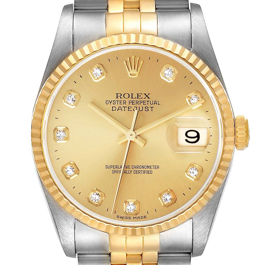 This image shows the face and part of the band of a Rolex Datejust watch, featuring a gold dial with diamond hour markers.