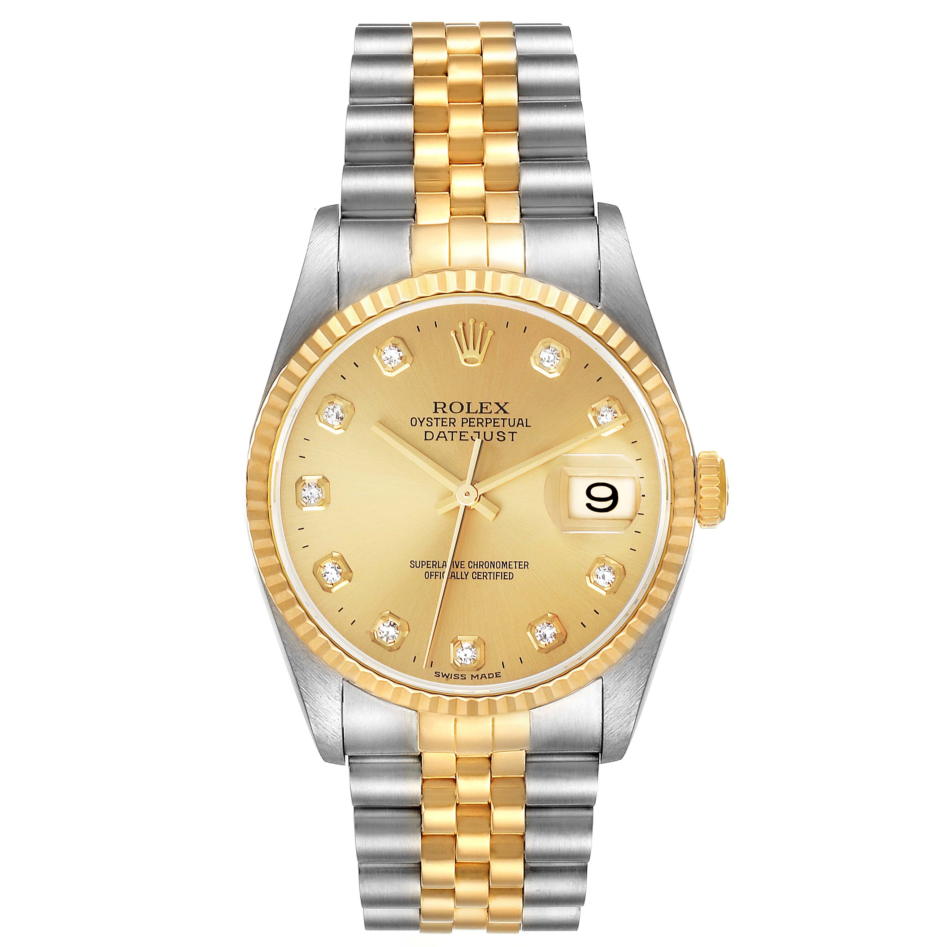 The Rolex Datejust 16233 Men's Steel and Gold (two tone) Champagne Dial 16233 Men's Steel and Gold (two tone) Champagne Dial watch is shown from a top-down angle, displaying the entire face, bezel, and two-tone bracelet.