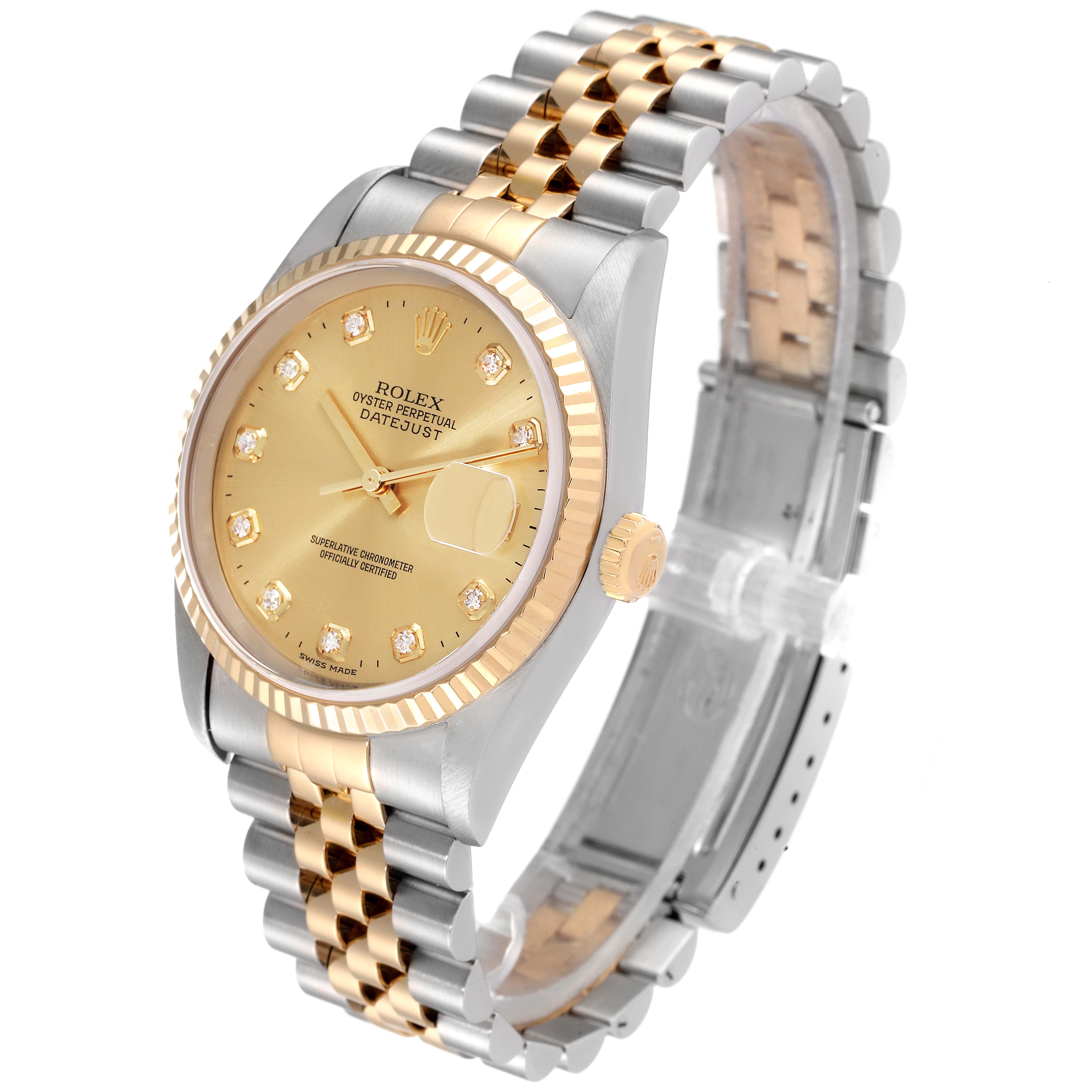 The Rolex Datejust 16233 Men's Steel and Gold (two tone) Champagne Dial 16233 Men's Steel and Gold (two tone) Champagne Dial watch is captured at a slight angle, showcasing its face, bezel, crown, and bracelet.
